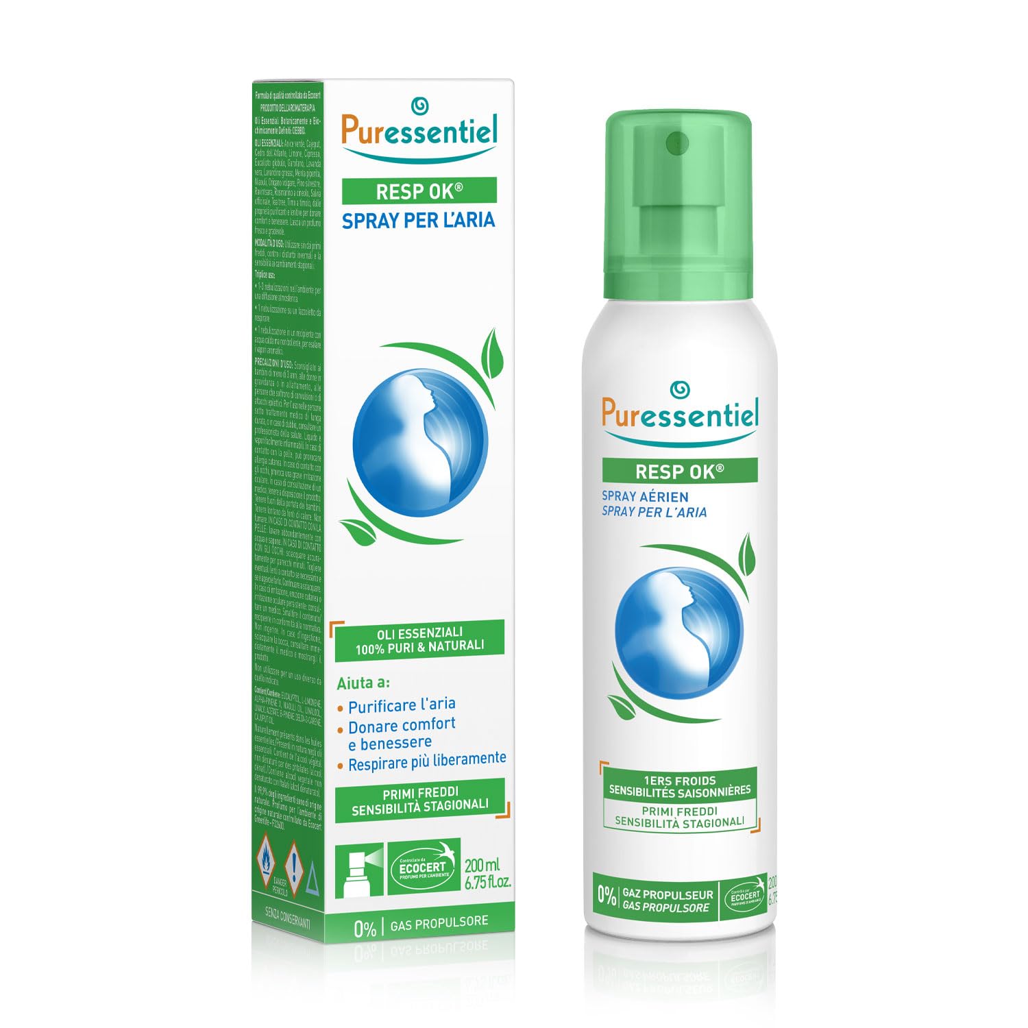 Puressentiel – Respirazione Spray per l’Aria – Per respirare più liberamente – Purifica l’aria – Primi freddi e sensibilità stagionali - 19 Oli essenziali puri – Con Eucalipto e Tea Tee – 200 ml
