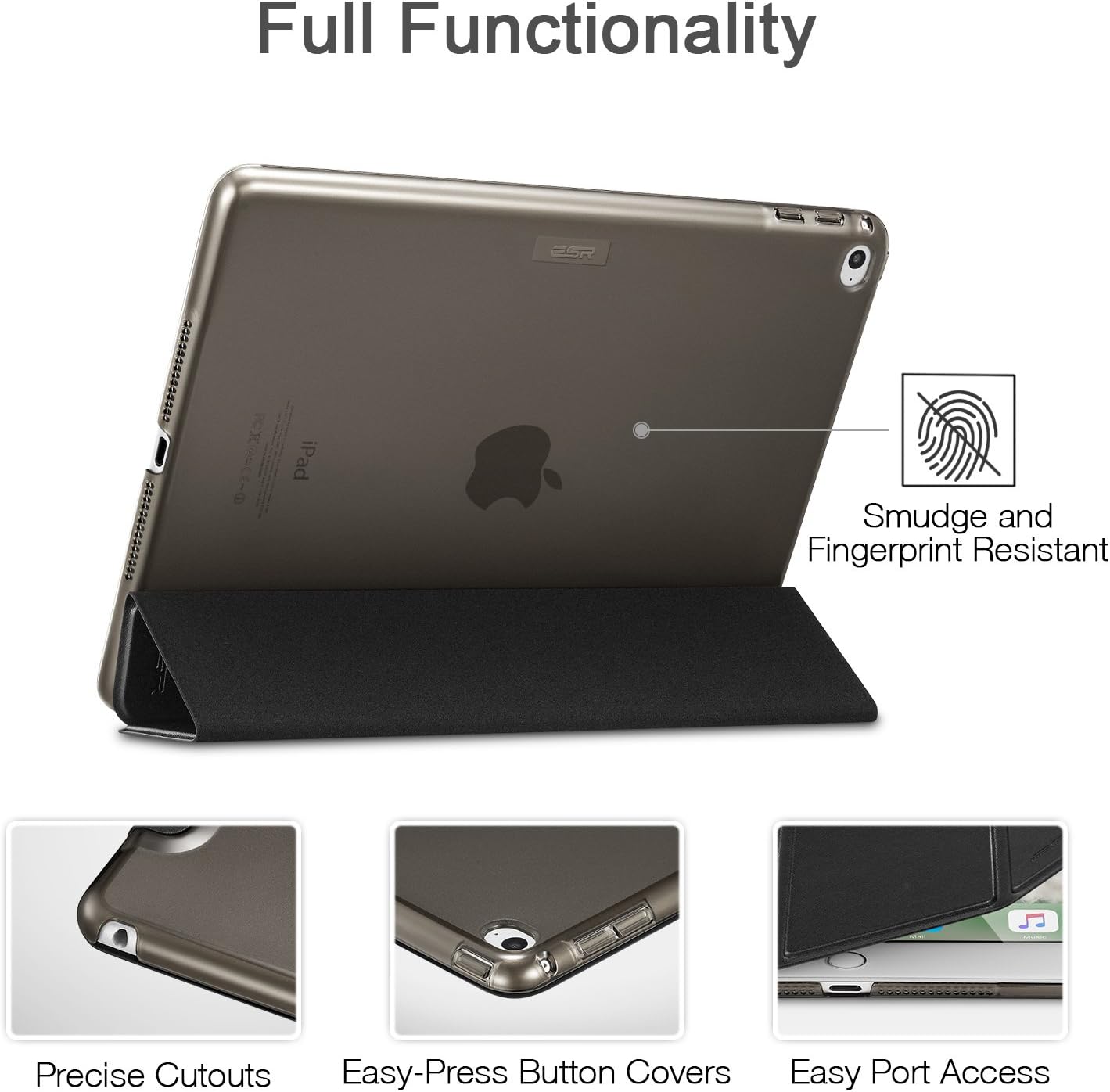 ESR Yippee Smart Case for The iPad Air 2, Smart Case Cover [Synthetic Leather] Translucent Frosted Back Magnetic Cover with Auto Sleep/Wake Function [Light Weight] (Black)