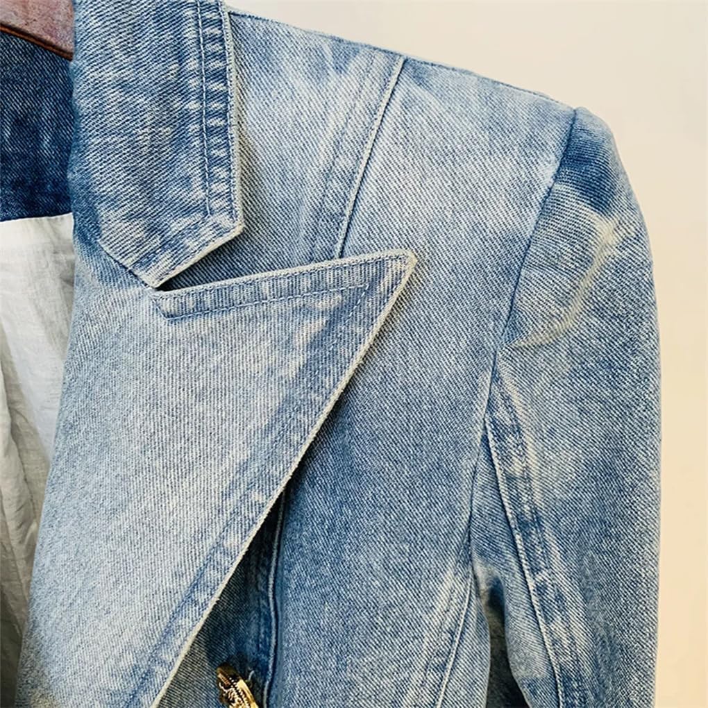 Women Notched Washed Denim Outwear Jackets Double Breasted Slim Short Casual Blazer