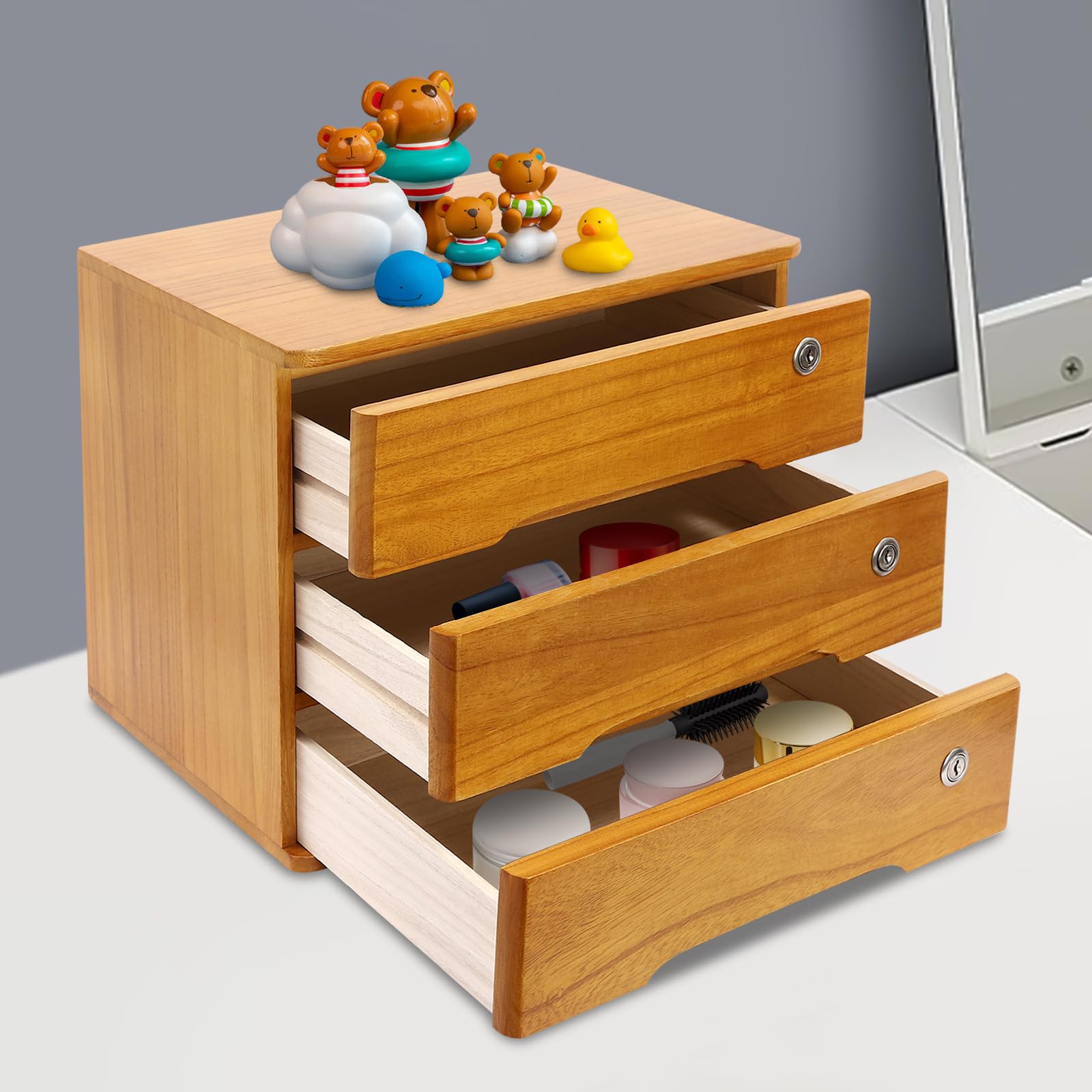 Organizer da scrivania in legno con cassetto chiudibile a chiave, in legno, per ufficio scolastico