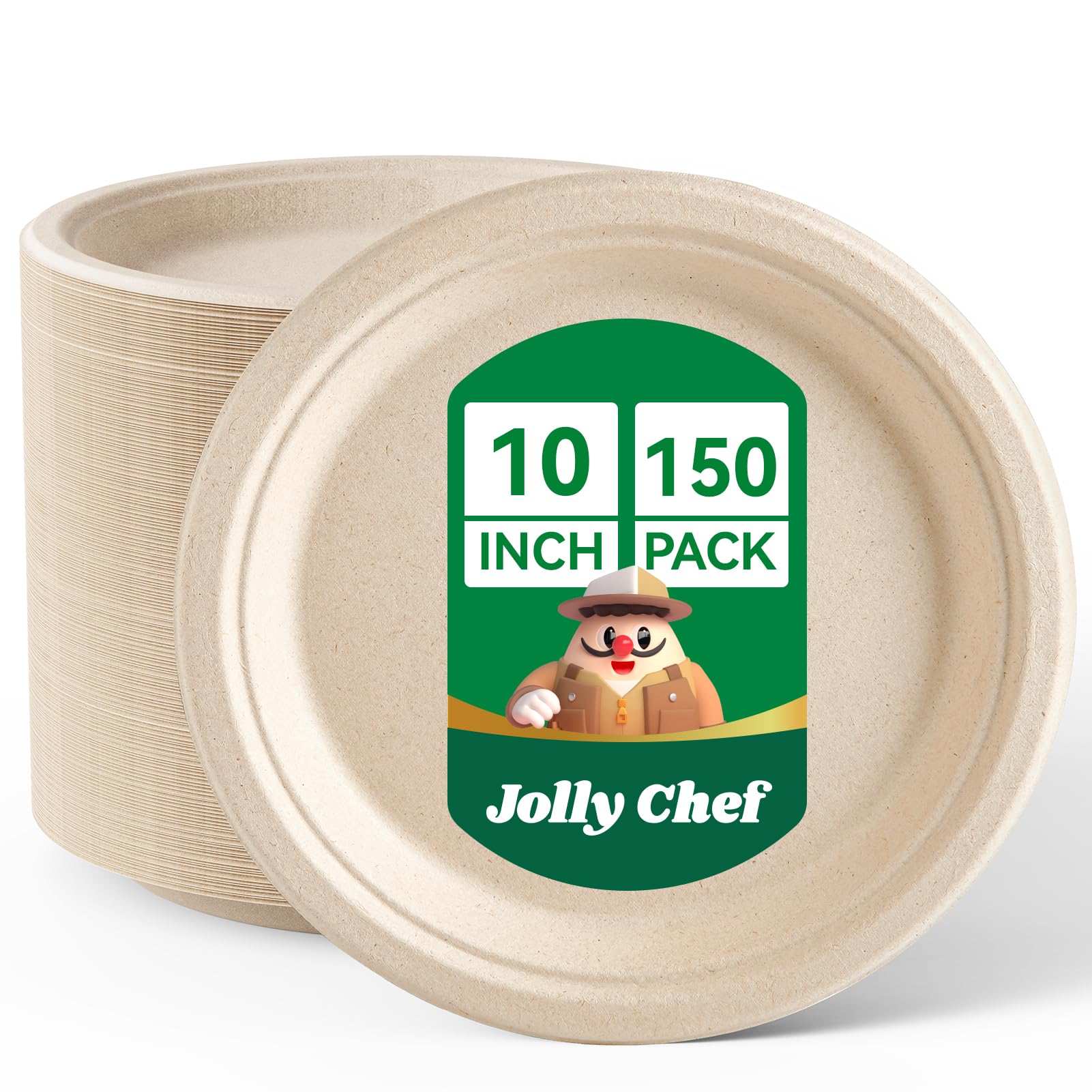 JOLLY CHEF Biodegradable Paper Plates 10 Inch [150 Pack] Compostable Heavy Duty Sugarcane Plates, Disposable Bagasse Paper Plates Bulk for Party Dinner (Natural)