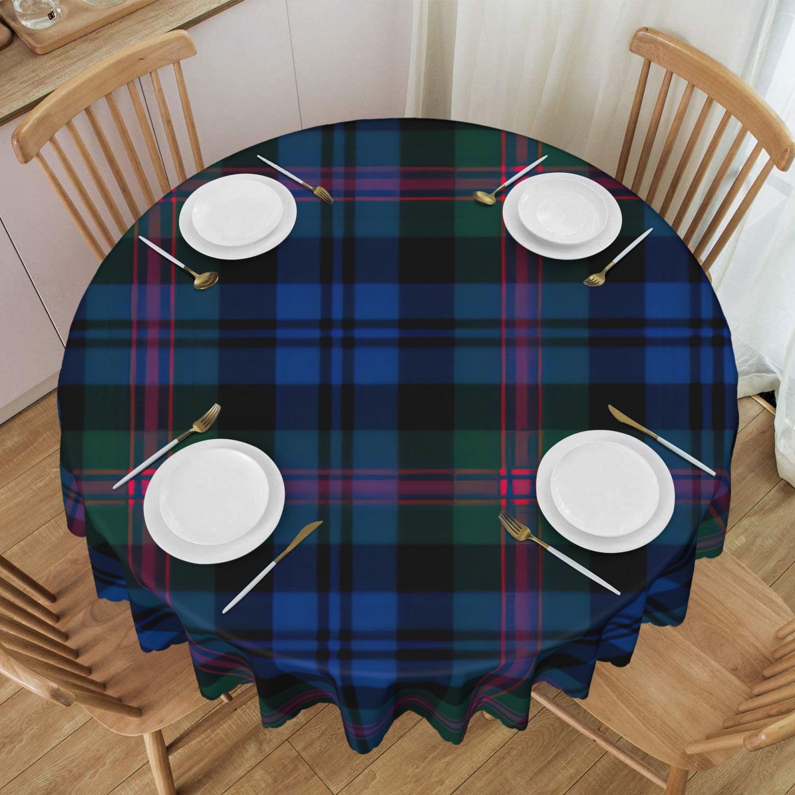 HJLUUFT Blue and Green Scottish Tartan Exceptional Round Table Cloths, Reusable, 60-Inch Round Tablecloth for All Occasions Perfect