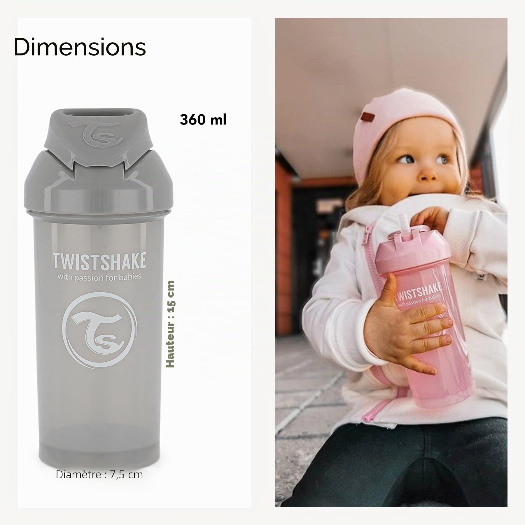 Twistshake Tasse de Paille 360 ml – Gobelet Bébé avec Paille Anti-Fuite – Bouteille d’Eau Anti-Déversement pour Tout-Petits – Tasse de Sevrage Sans BPA – Rose