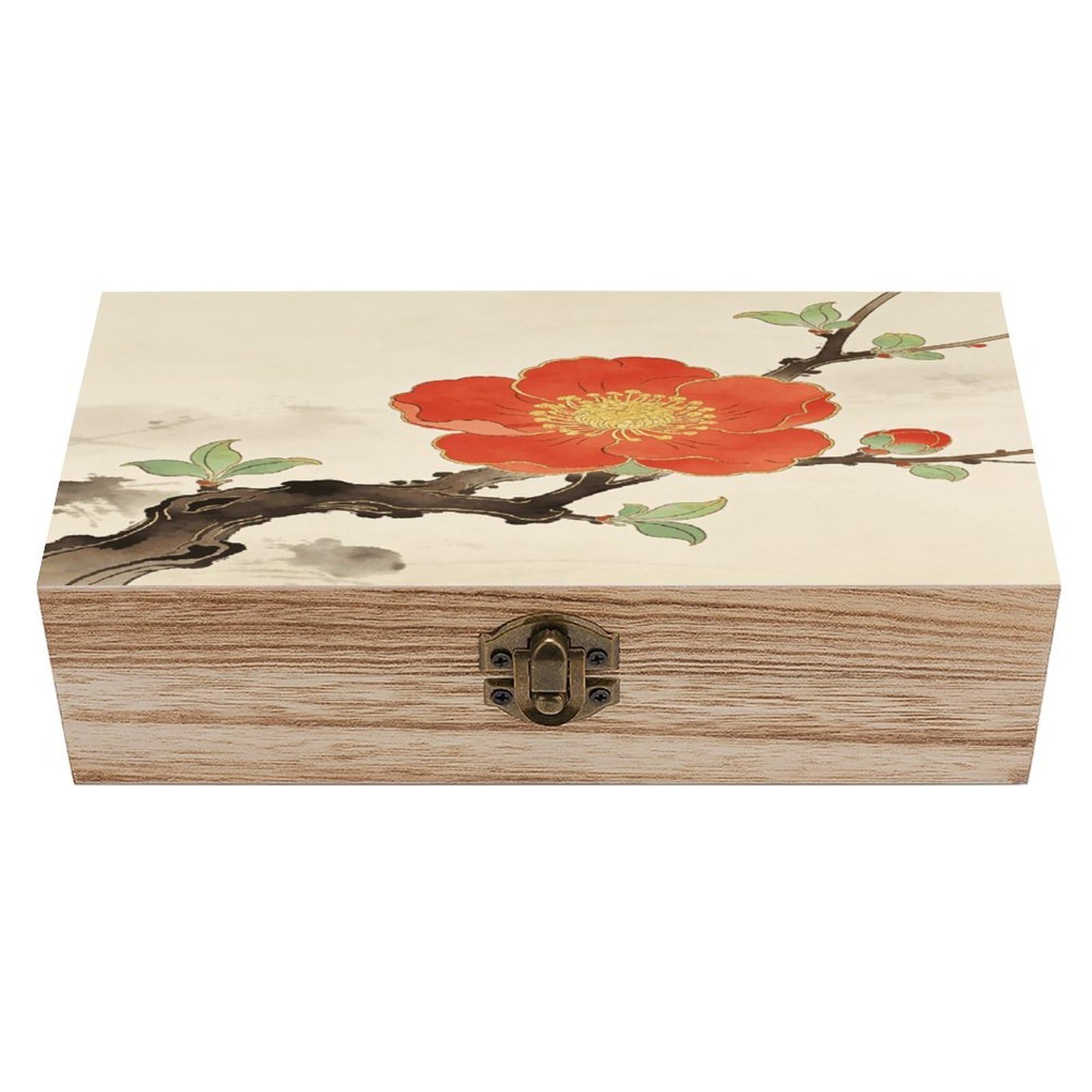 VstaDank Red Plum Blossom Wooden Storage Box with Hinged Lid Natural Wooden Box Beautifully Keepsake Boxes Vintage Wood Boxes Jewelry Organizer Trinket Storage Chest Unique Gift