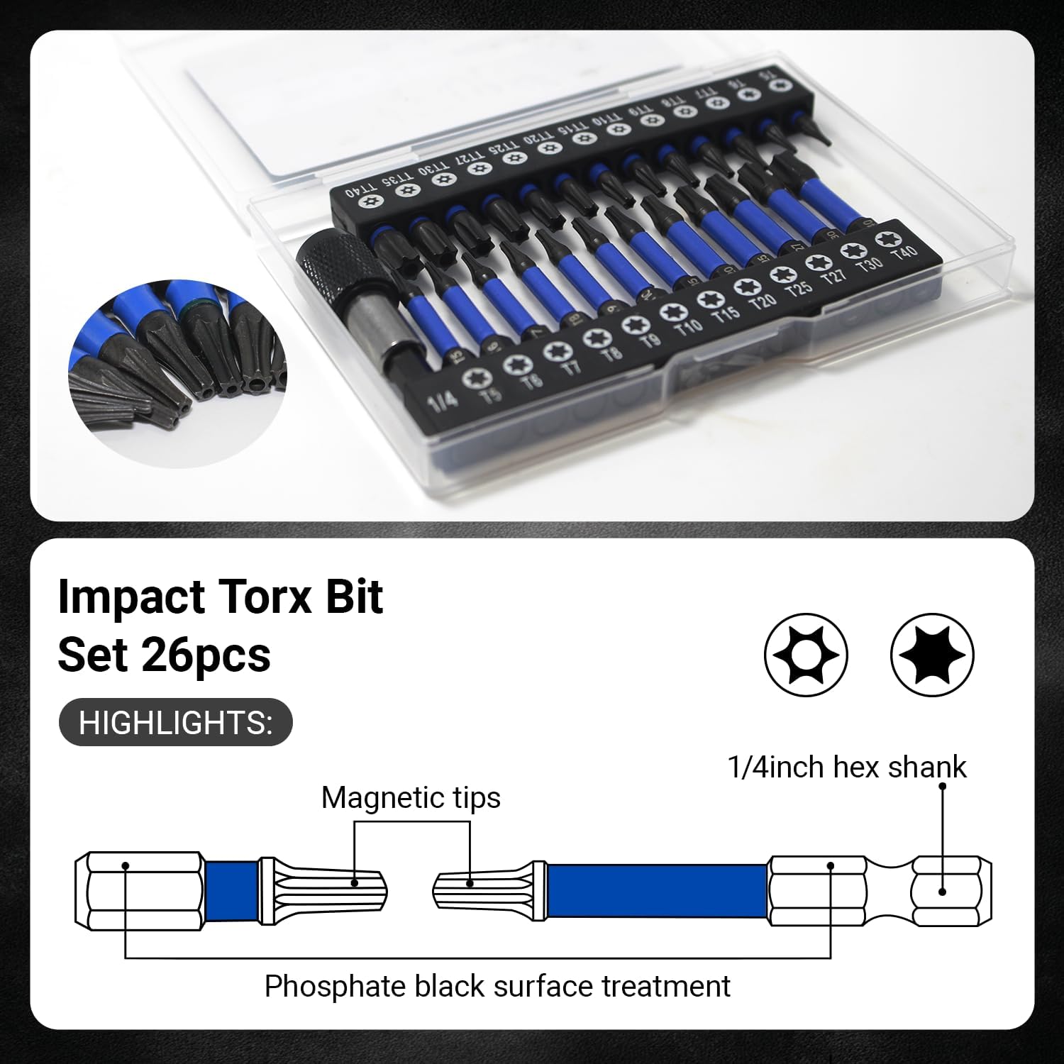 Impact Torx Bit Set, 26-piece (T5 T6, TT7-TT40), S2 Steel Security Torx, Tamper Proof Star Bit Set with Magnetic CNC Machined Tips, Impact Screwdriver Bits, Includes Magnetic Holder & Storage Box