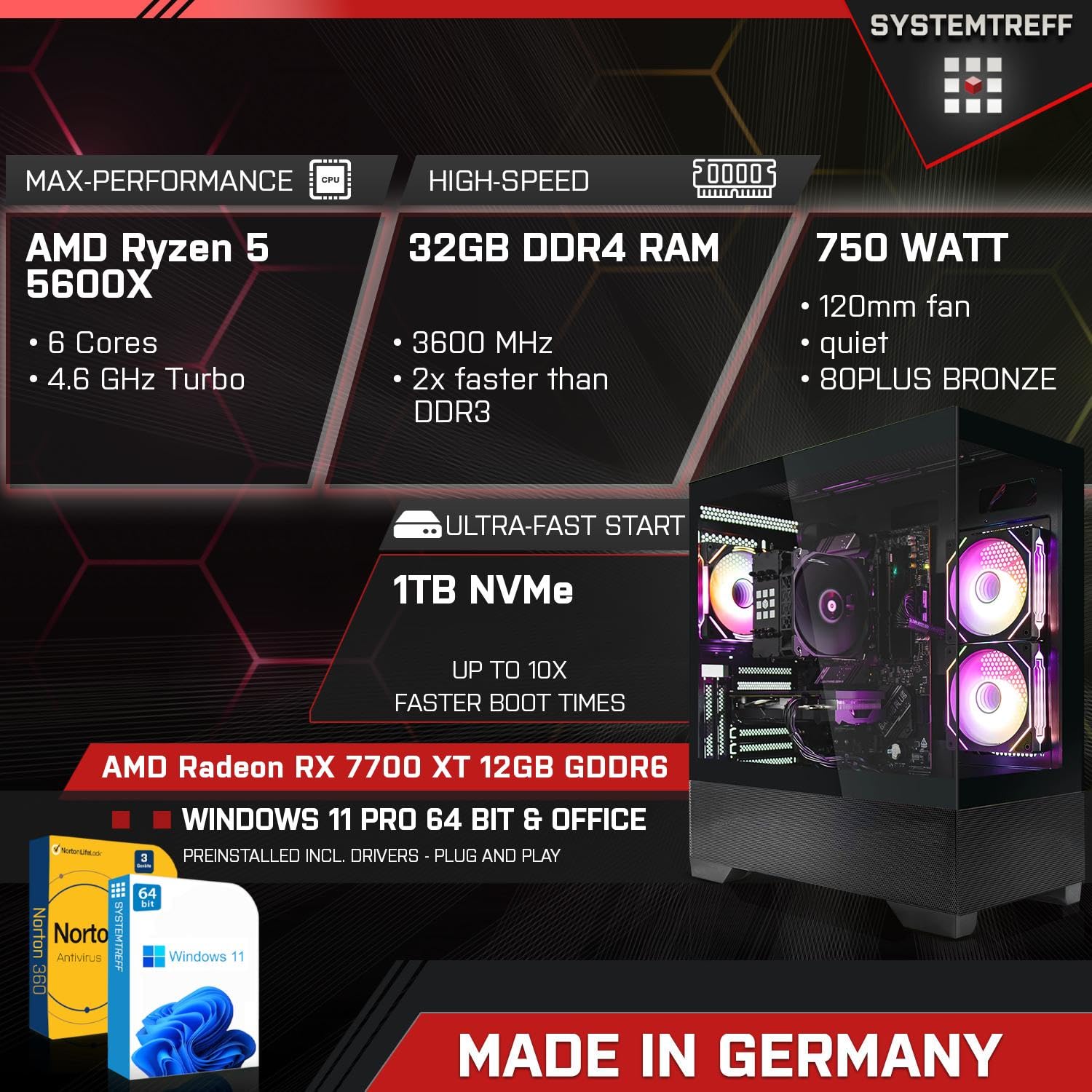 SYSTEMTREFF Gaming PC AMD Ryzen 5 5600X 6x4.6GHz | AMD Radeon RX