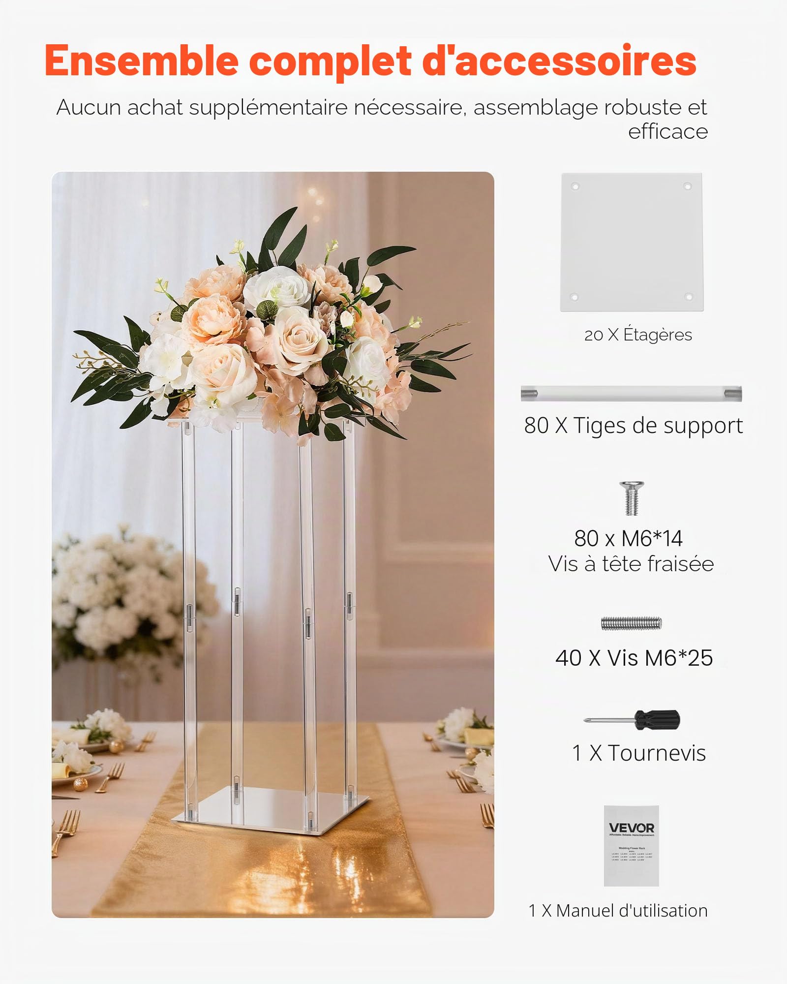 VEVOR Support Fleur Mariage Colonne Lot de 10 Support Fleur Centre de Table Mariage Acrylique 50 cm Présentoir Floral pour Fêtes, Anniversaires, Déco Intérieure, Pieds Cylindre Panneaux Transparents