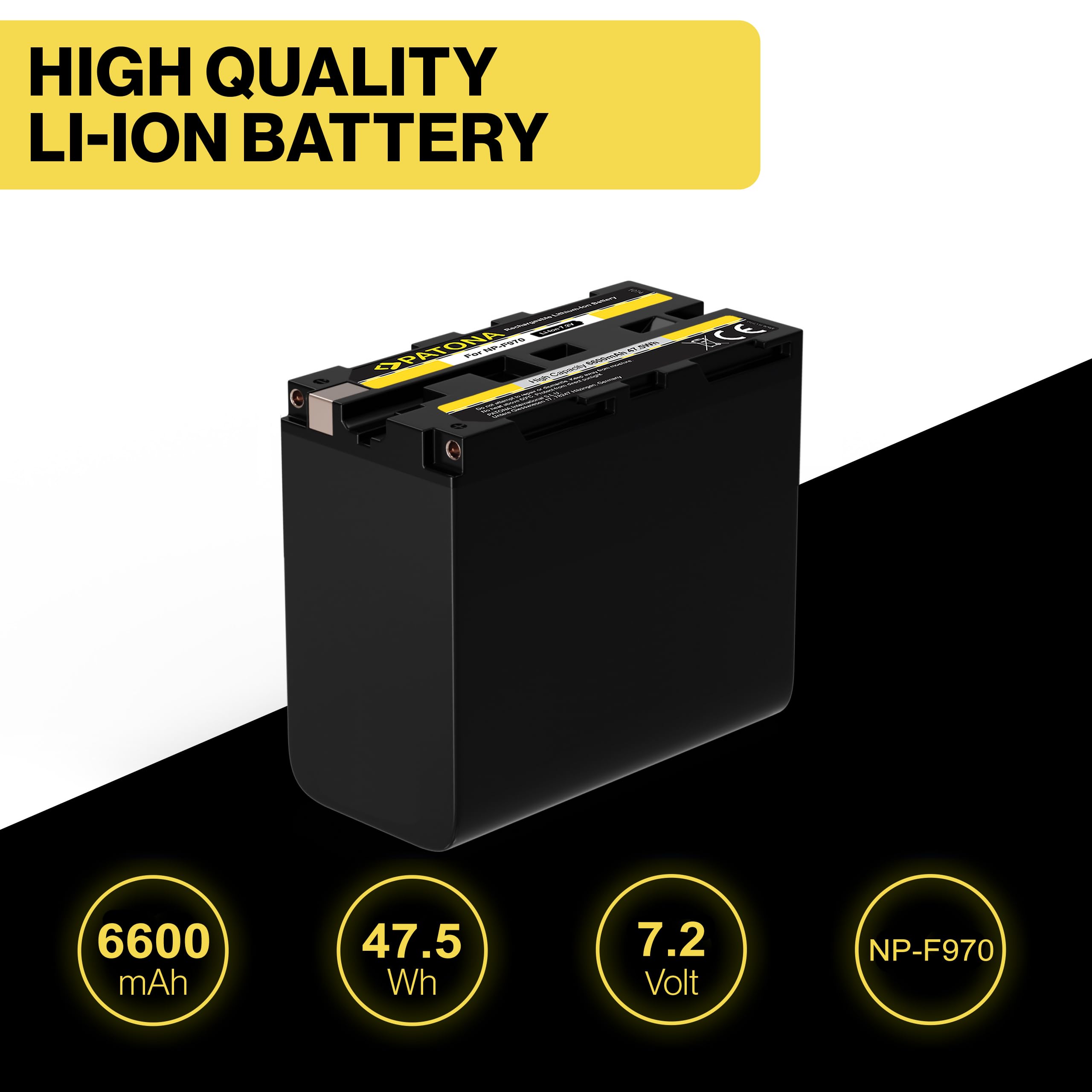 PATONA 2x NP-F970 Batteria 6600mAh con caricabatterie doppio LCD – sostituisce Sony NP-F970/F960/F950/F750/F550 – per luci video, monitor, flash e videocamere – kit: una alimenta, una si carica
