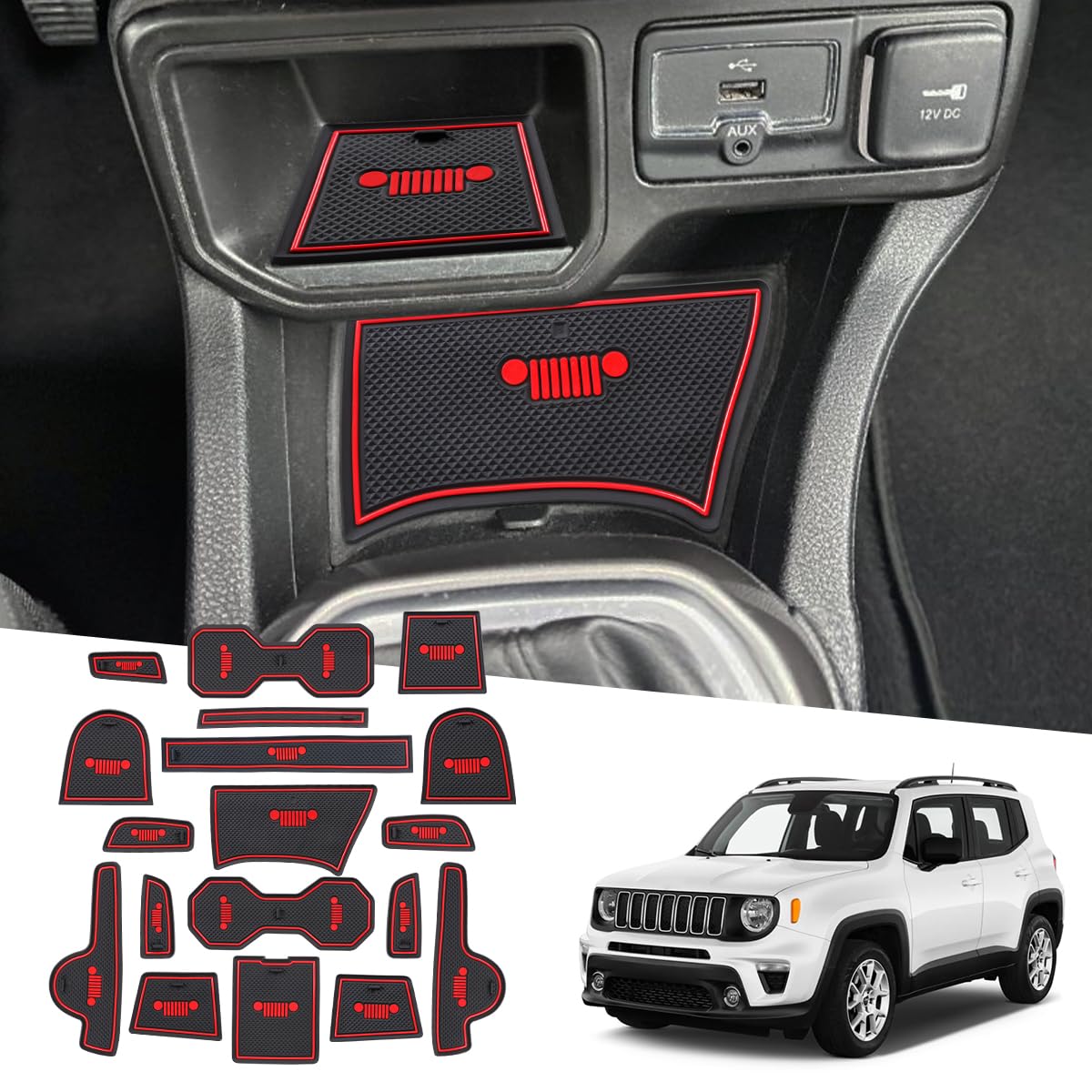 MARCHFA Tappetino antiscivolo per Renegade 2019-2021 2022 2023 2024 2025 tappetini in gomma per console centrale, sottobicchieri, 18 pezzi (Rosso)