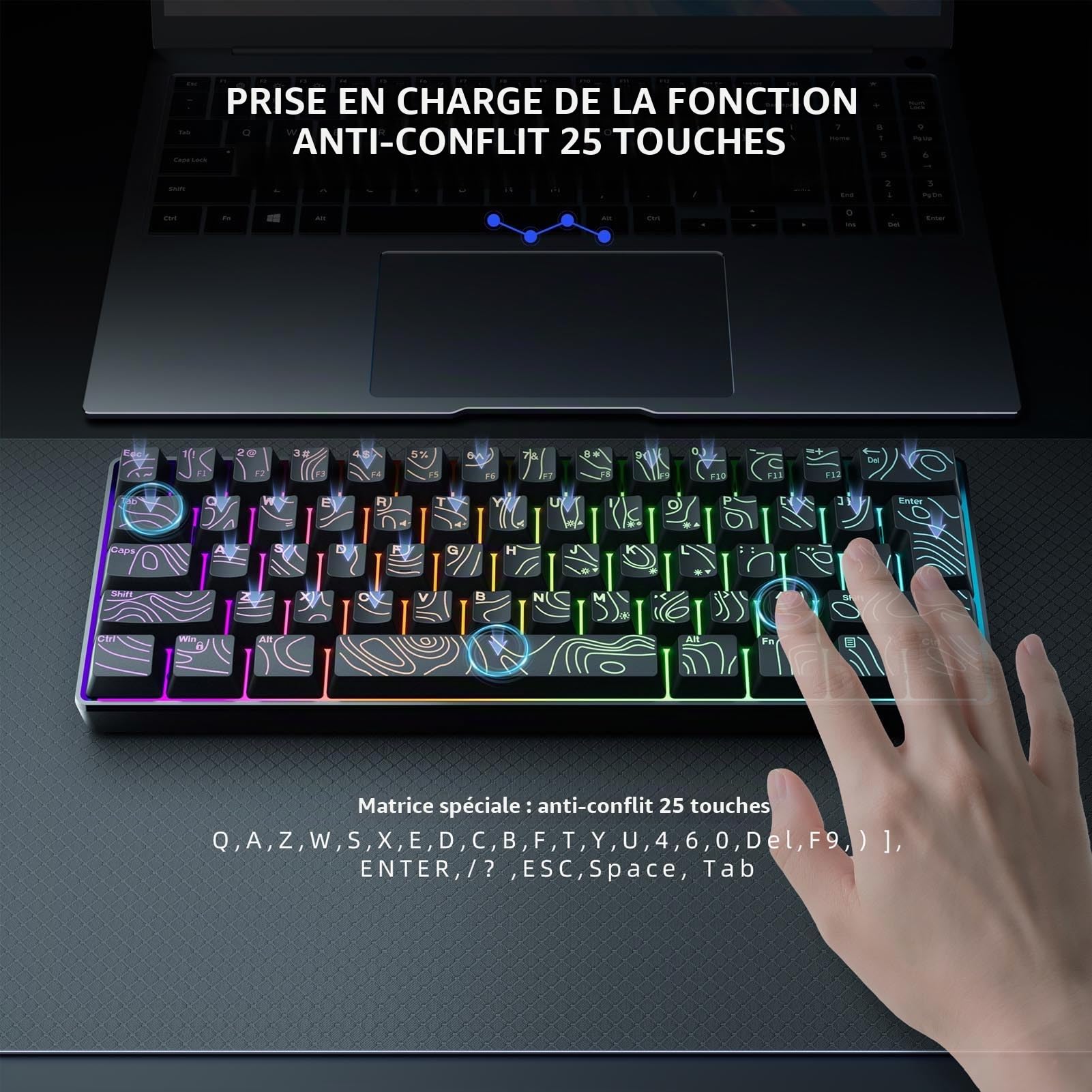 Clavier USB câblé, Rétro-éclairément RV, Mise en Page Compacte 61 de la Touche, N Key Rollover Contour Keycaps, Light Up Computer Keyboard pour Le Jeu de Bureau