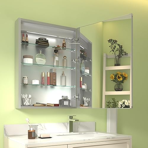 Miniatura 2 de Botiquín iluminado de 24 x 32 pulgadas, botiquín empotrado o de superficie, pantalla de temperatura del reloj y habitación, desempañado, atenuación,