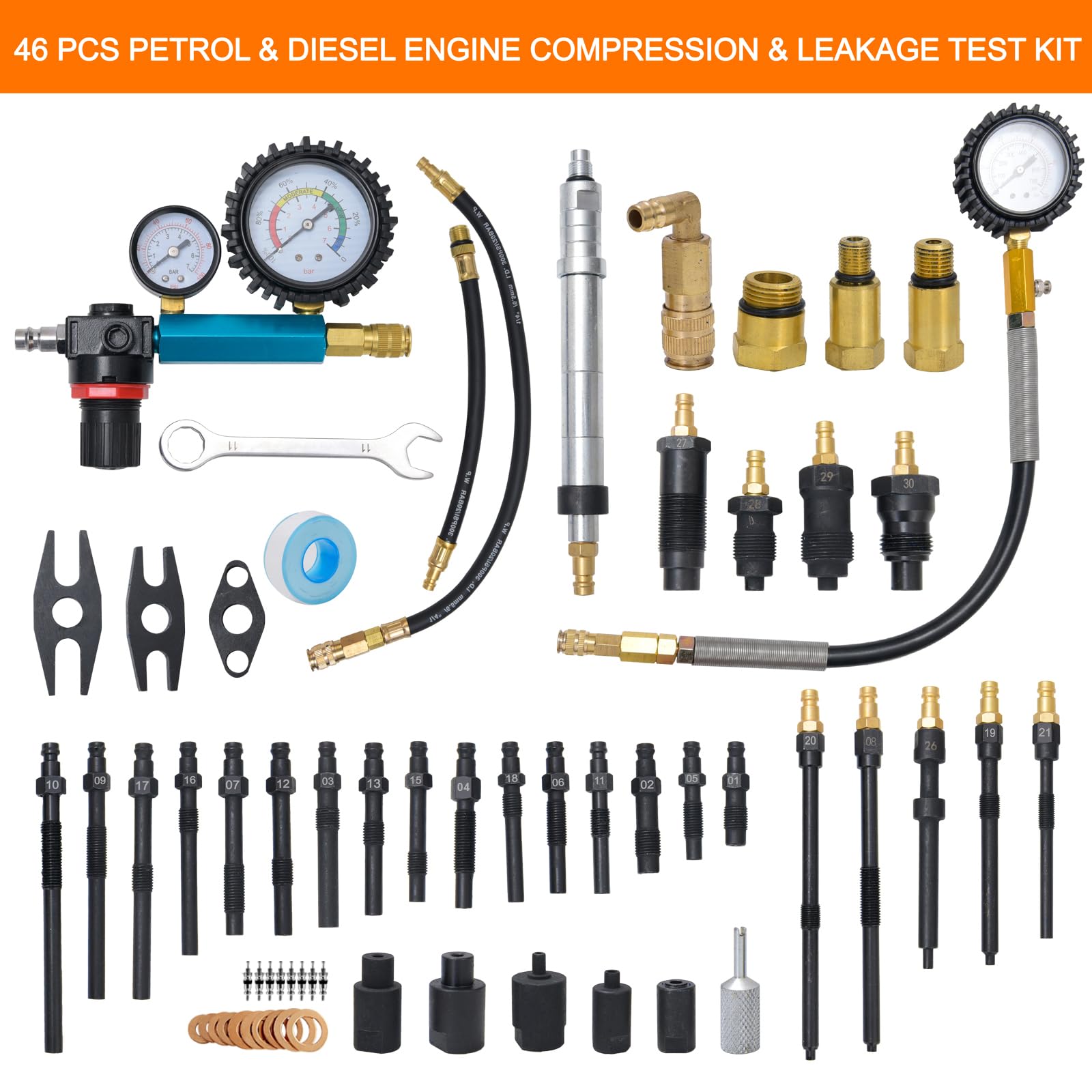 46pzs Kit de Comprobador de Compresión y Fugas de Motores de Gasolina y Diésel, Probador Compresion Motor Gasolina, Comprobador Pérdida Presión para Mayoría de Coches, Camiones, Motocicletas