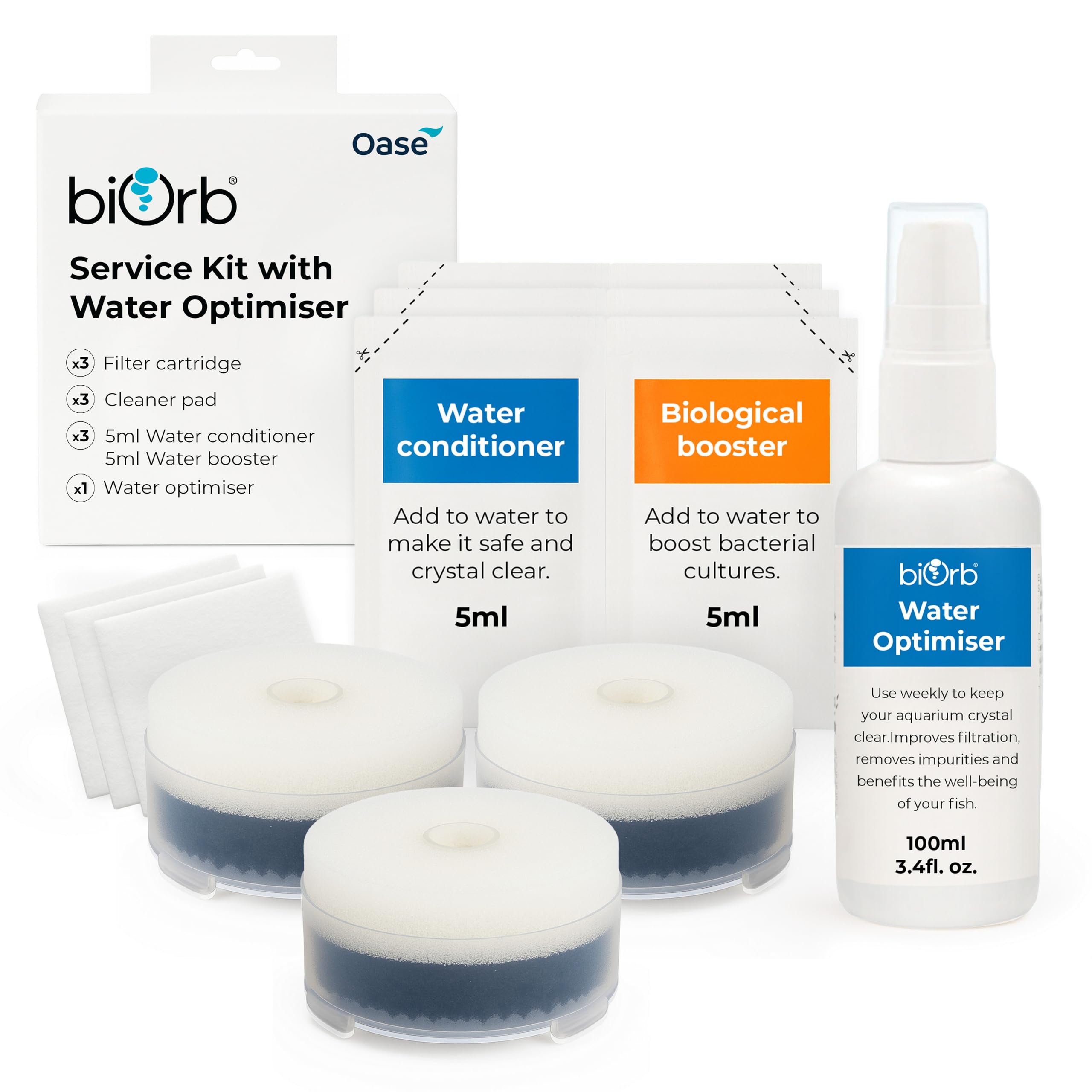 biOrb Aquarium Service Kit & Water Optimiser Pack - Filter Cartridges, Water Conditioner, Cleaning Pads & Biological Booster For Essential Fish Tank Maintenance, Perfect For Easy Routine Cleaning