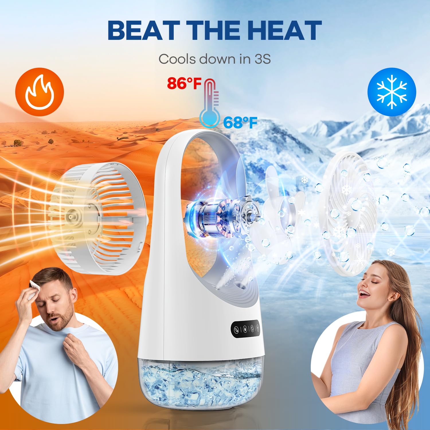 Aire acondicionado portátil, enfriador de aire portátil con rotación automática de 120°, enfriador de aire con luz nocturna de 7 colores y fuerza de 3 vientos, aire acondicionado con oficina, 2