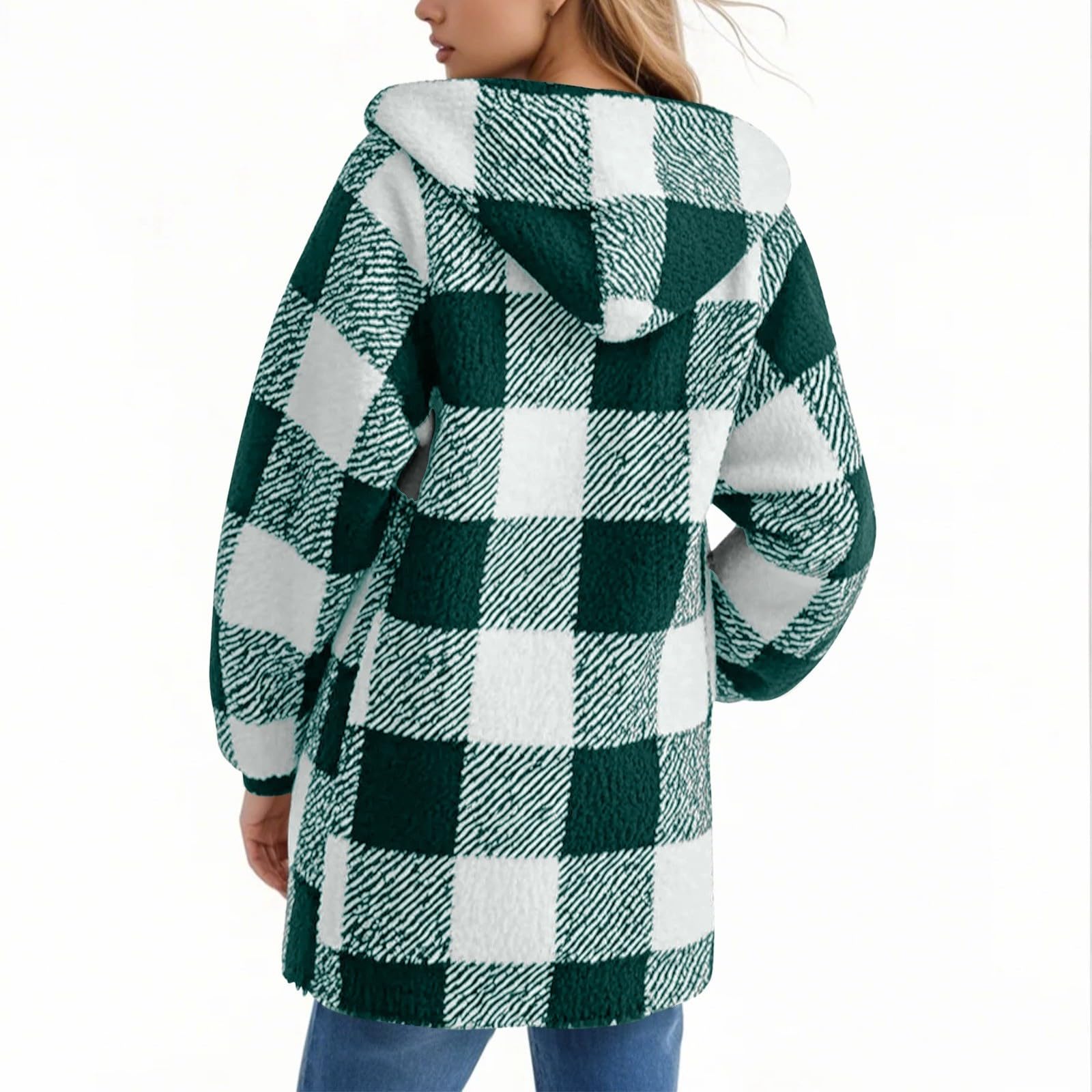 Teddyjacke Damen Mit Kapuze Winterjacke Kariert Plüschjacke Flauschig