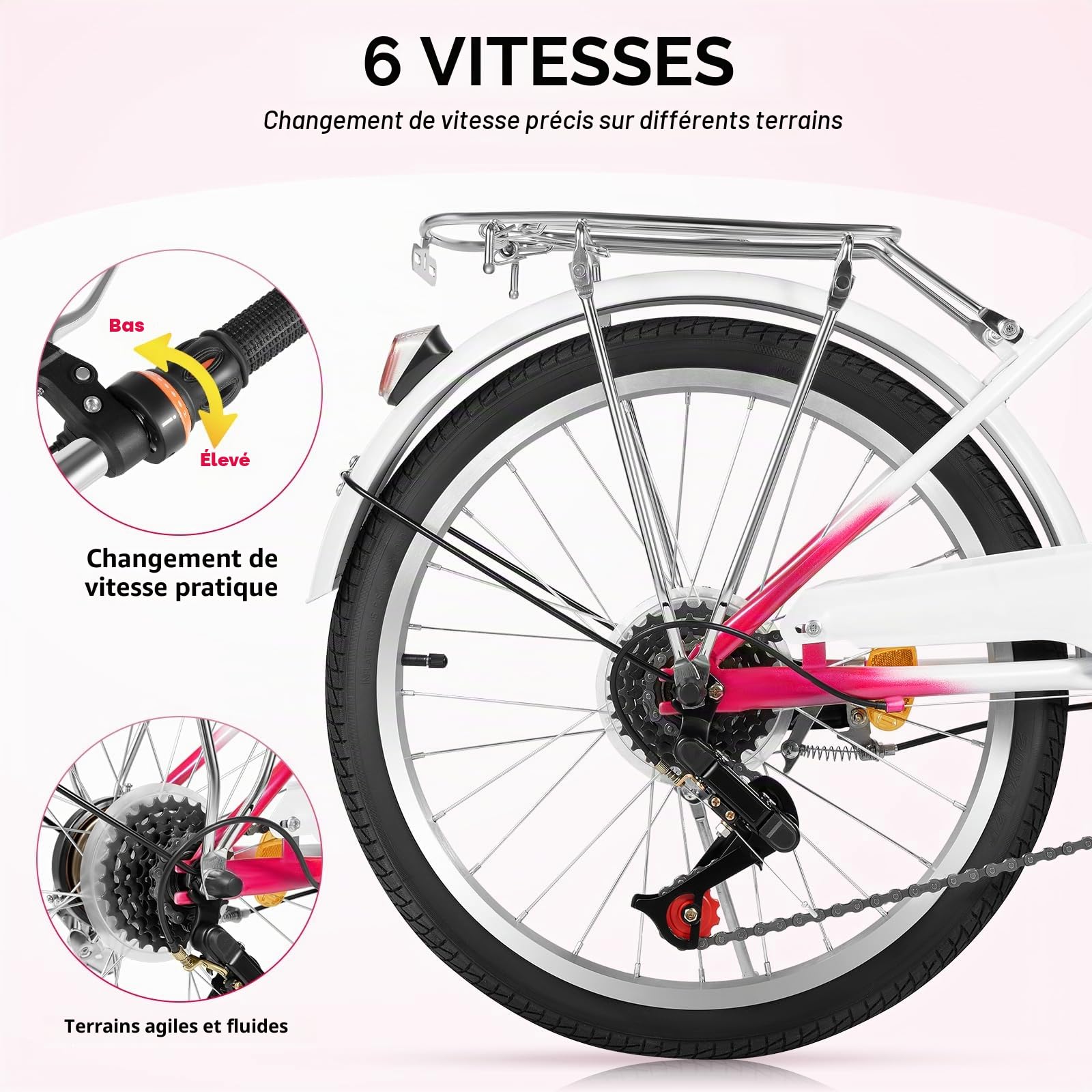 Vélo de ville de 20" à 6 vitesses avec éclairage LED | Vélo réglable en hauteur pour adultes (charge de 90 kg) – Roues en aluminium + frein en V / frein à tambour | Vélo urbain rose et blanc