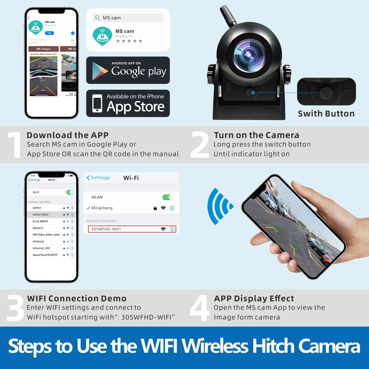 Verbesserte drahtlose Backup Kamera Magnetic Hitch, wiederaufladbare batteriebetriebene WiFi Rückfahrkamera, 720P IP68 wasserdichte Rückfahrkamera für LKW/RV/Camper/Anhänger für iPhone iPad Android