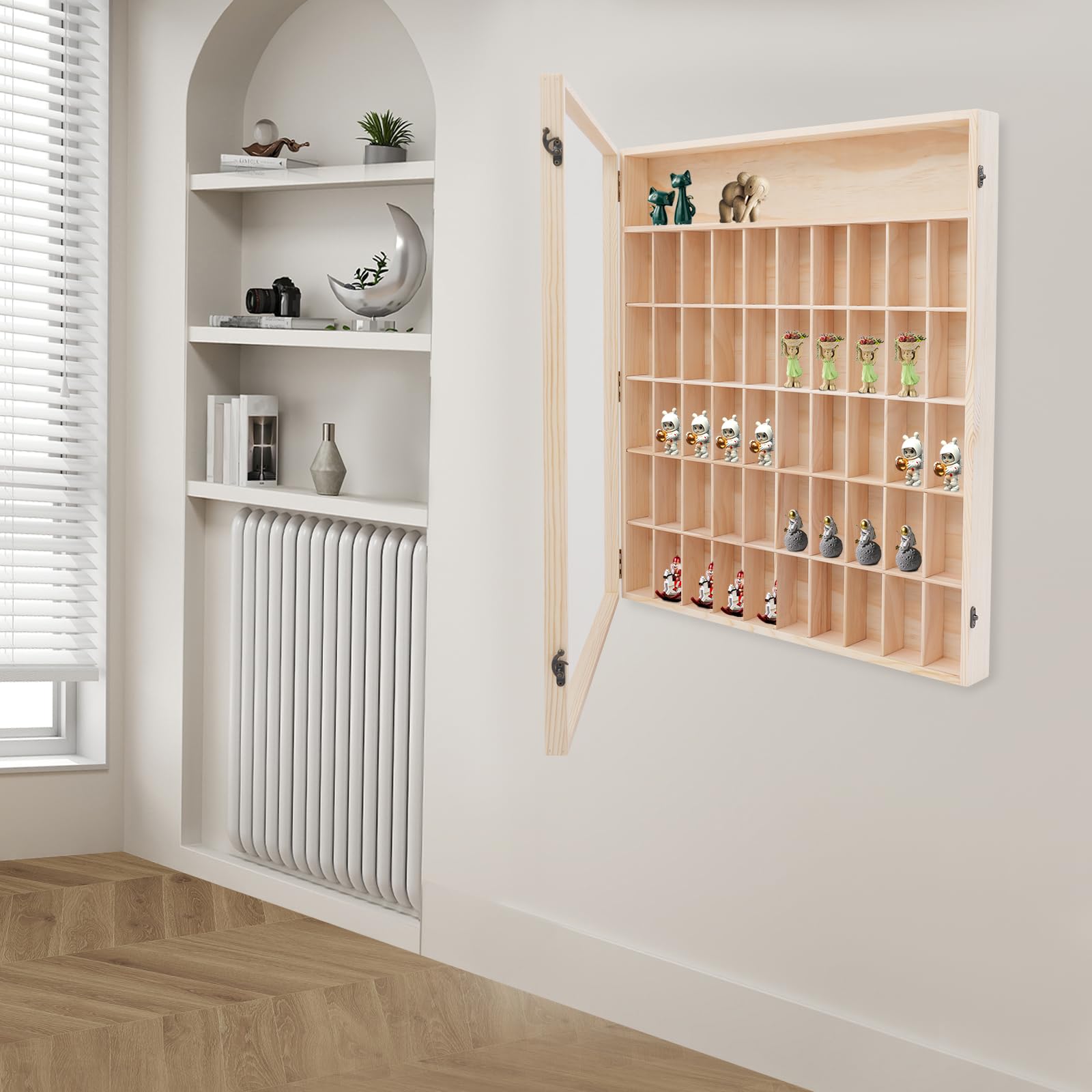 Vitrine Wandmontage 50 Fächer, Hängevitrine aus Kiefernholz mit Acryl-Abdeckung, Sammlervitrine für Sammelfiguren Miniaturpuppen Vinyl-Figuren zur Ausstellung in Wohnzimmer Büro