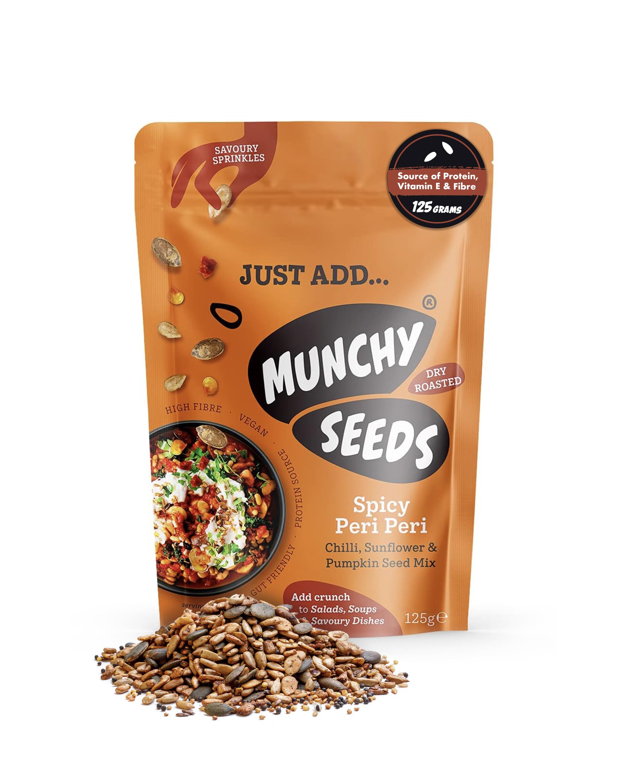 Munchy Seeds Just Add Savoury Sprinkles Snack - Spicy Peri Peri, 125g, Sunflower Seeds, Pumpkin Seeds and Watermelon Seed Mix with Grains, Spice, & Bird’s Eye Chilli, Vegan, Protein & Fibre