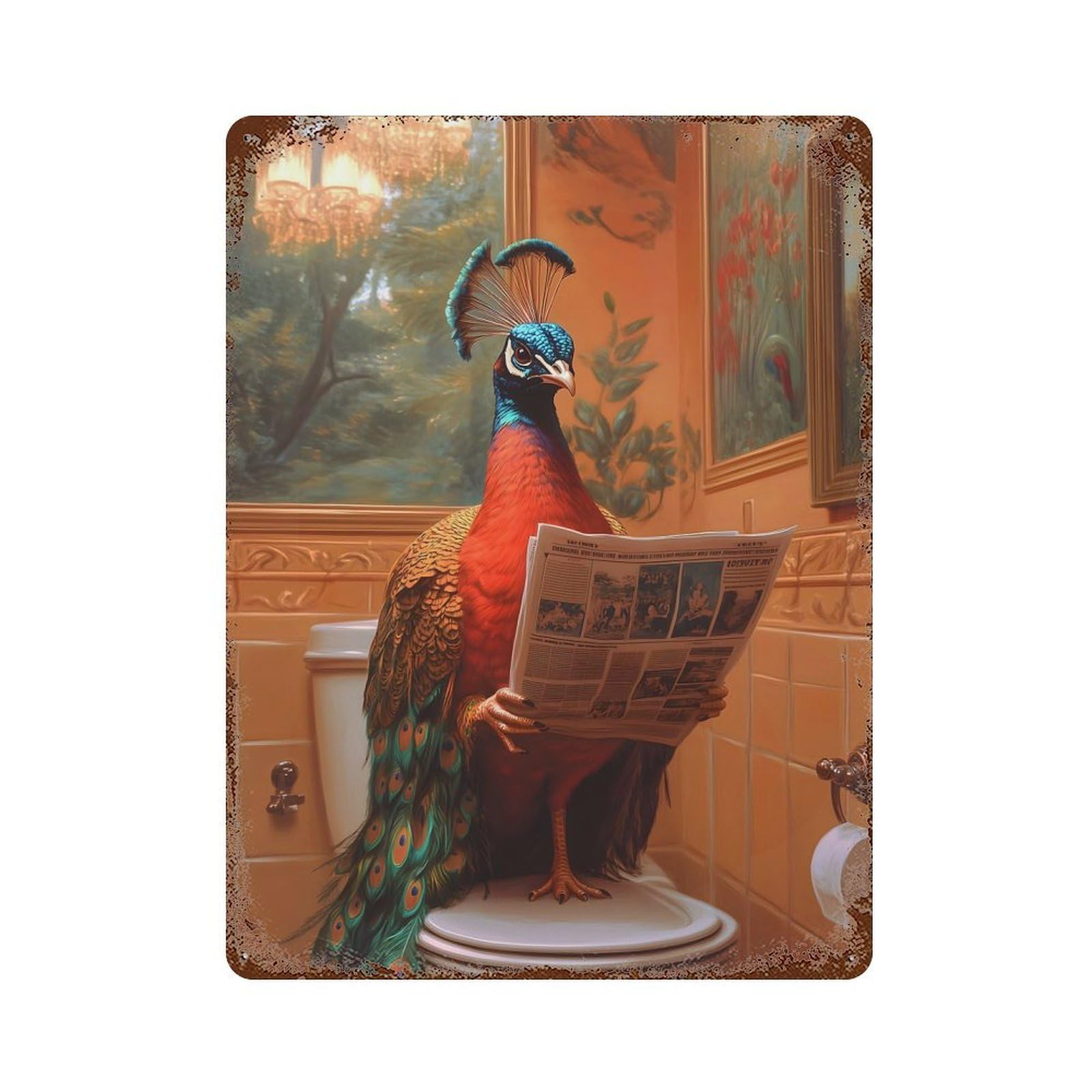 Decorative Tin Sign Peacock Reading Newspaper Toilet 15.7"x11.8", Novelty Wall Decor for Shed, Workshop And Garage Wall Decor