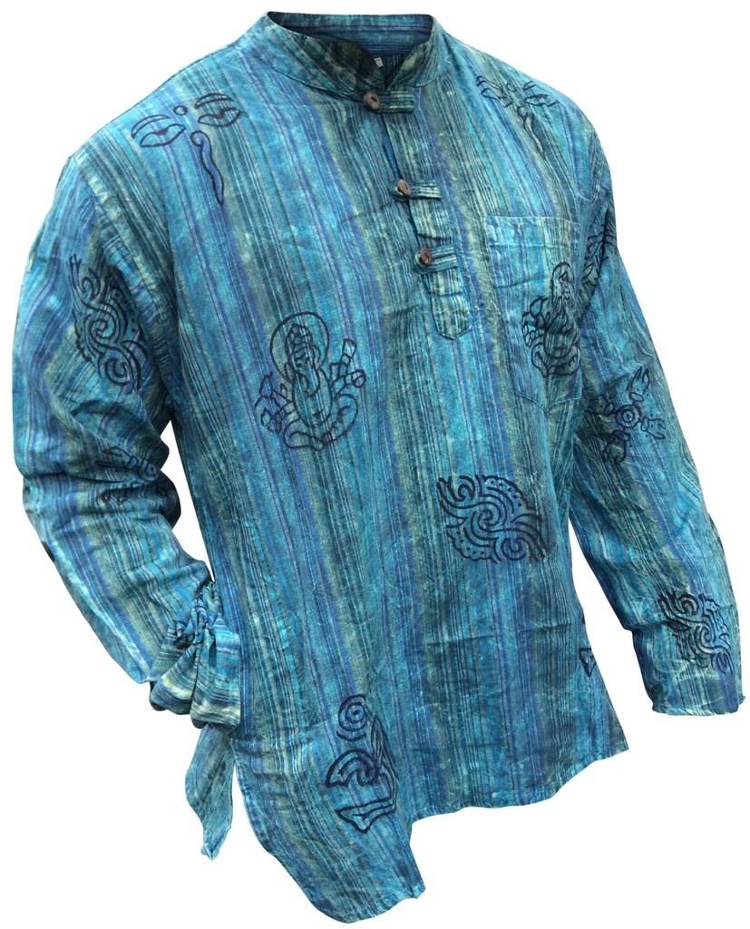 SHOPOHOLIC FASHION Unisex Stonewashed Striped Light Weight Hippy Grandad Shirt, Turquoise, 2XL