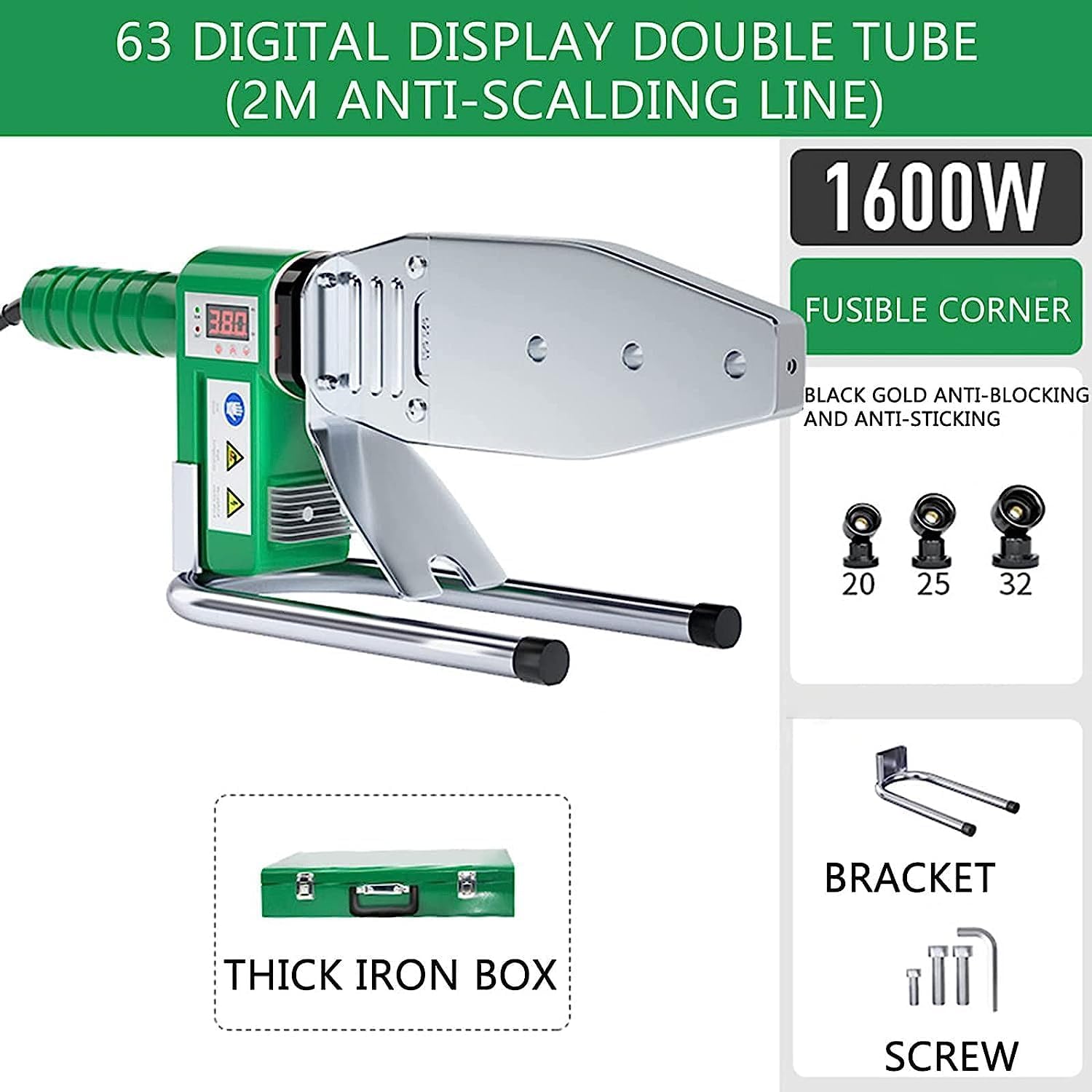 Plastic Pipe Welding Machine, 0-380℃ Adjustable Digital Socket Fusion Welder, Double Heat Dissipation 3 Die Heads 20/25/32mm, 1500W Electric Tube Heating for PPR/PE/HDPE