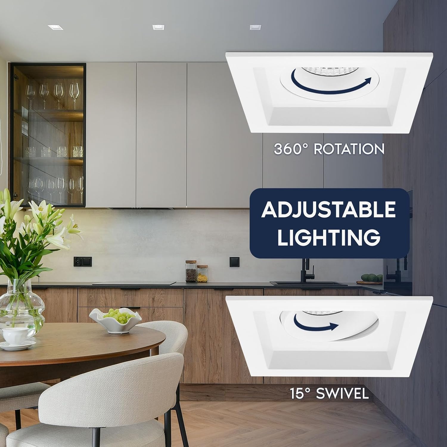 LUXRITE 1-Head Regressed Gimbal LED Recessed Spotlight, 360°+15° Adjustable, 5CCT 2700K-5000K, CRI90, 15W, 1000 Lumens, 60° Beam Angle, Square White Finish, Dual Dimmable, IC & Wet Rated
