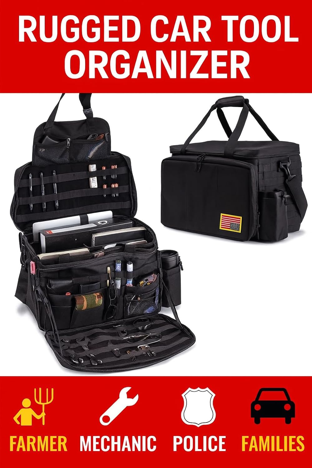 MOSSA Patrol Bag Law Enforcement, Car Front Seat Organizer with Cup Holders, Water Resistant Police Gear Duty Bag, Fits Vehicle Passenger Seat