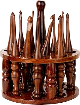 Bhartiya Handicrafts Wooden Crochet Hooks Set, 12pcs Ergonomic Knitting Needles - Rosewood, 3.5mmE to 12mmP - Includes Holder