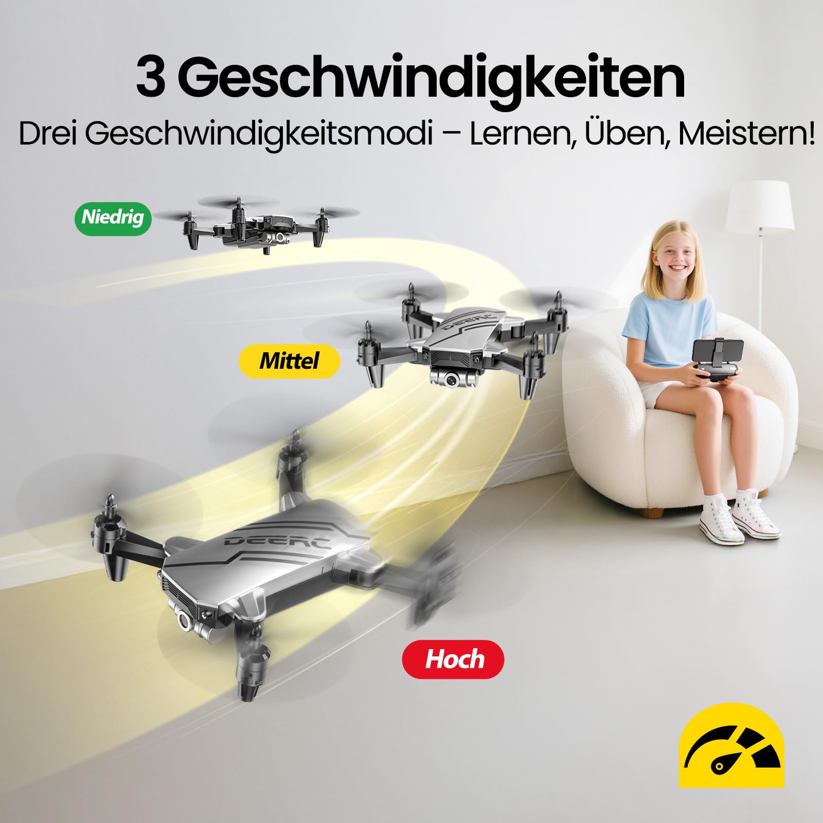 DEERC D20 Mini Drohne für Kinder mit 1080P Kamera, faltbarer RC Quadcopter mit FPV Live-Übertragung, optischem Fluss, Gestensteuerung, Flugbahn, Headless-Modus, 3D-Flip für Anfänger, Silber, C0