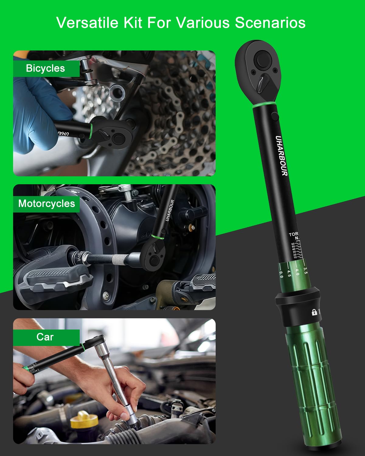 Uharbour Llave dinamométrica de 3/8 pulgadas, 5-60 Nm, 31 piezas, juego de llaves dinamométricas para motocicleta, ± 3% de precisión con extensiones, llaves de vaso y adaptador, carraca de 72 dientes