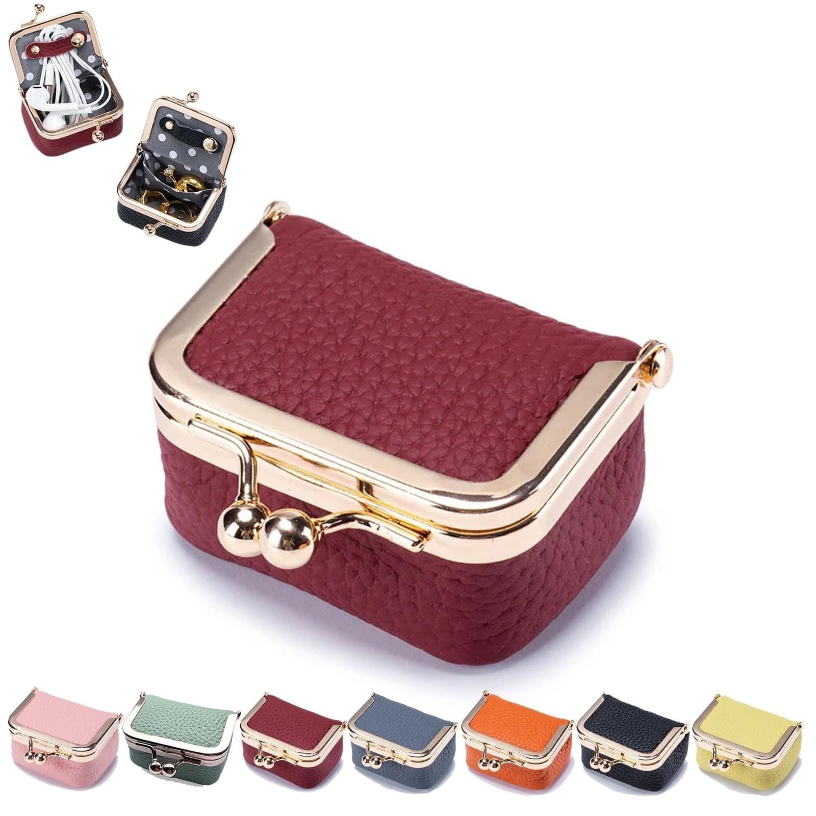 Mini Jewelry Case, Mini Coin Purse, Leather Mini Jewelry Box,Organizer for Women,Mini Jewelry Travel Case,jewelry Case Organizer With Kiss Lock for Ring Earring Necklace, Chic Mini PU Leather Wallet F