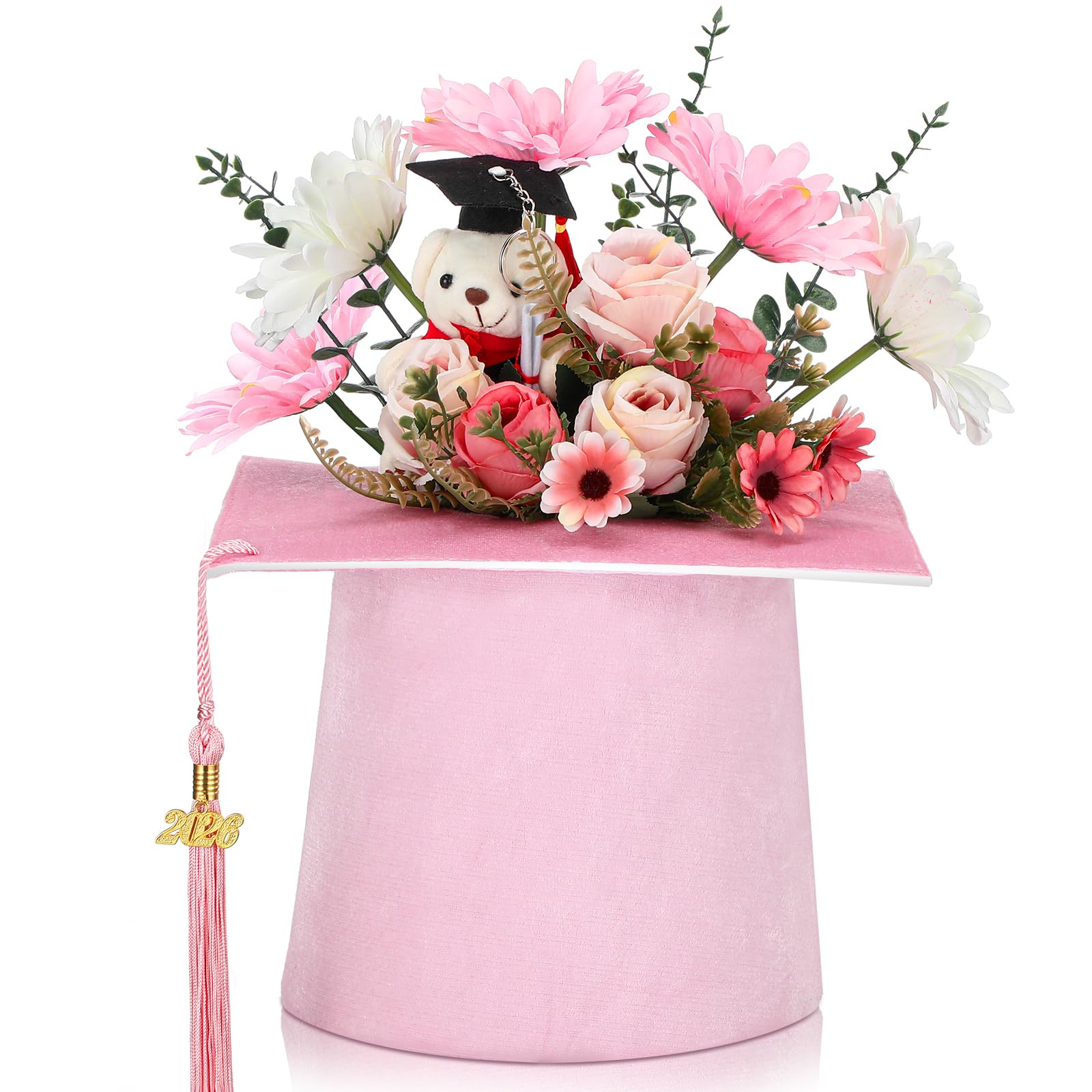 Pink Graduation Flower Bouquet Grad Centerpiece Graduation Cap Flower Boxes Mini Plush Bear with Grad Hat Floral Arrangements Gift Box Set for Table Ceremony Party Favors Celebration Supplies