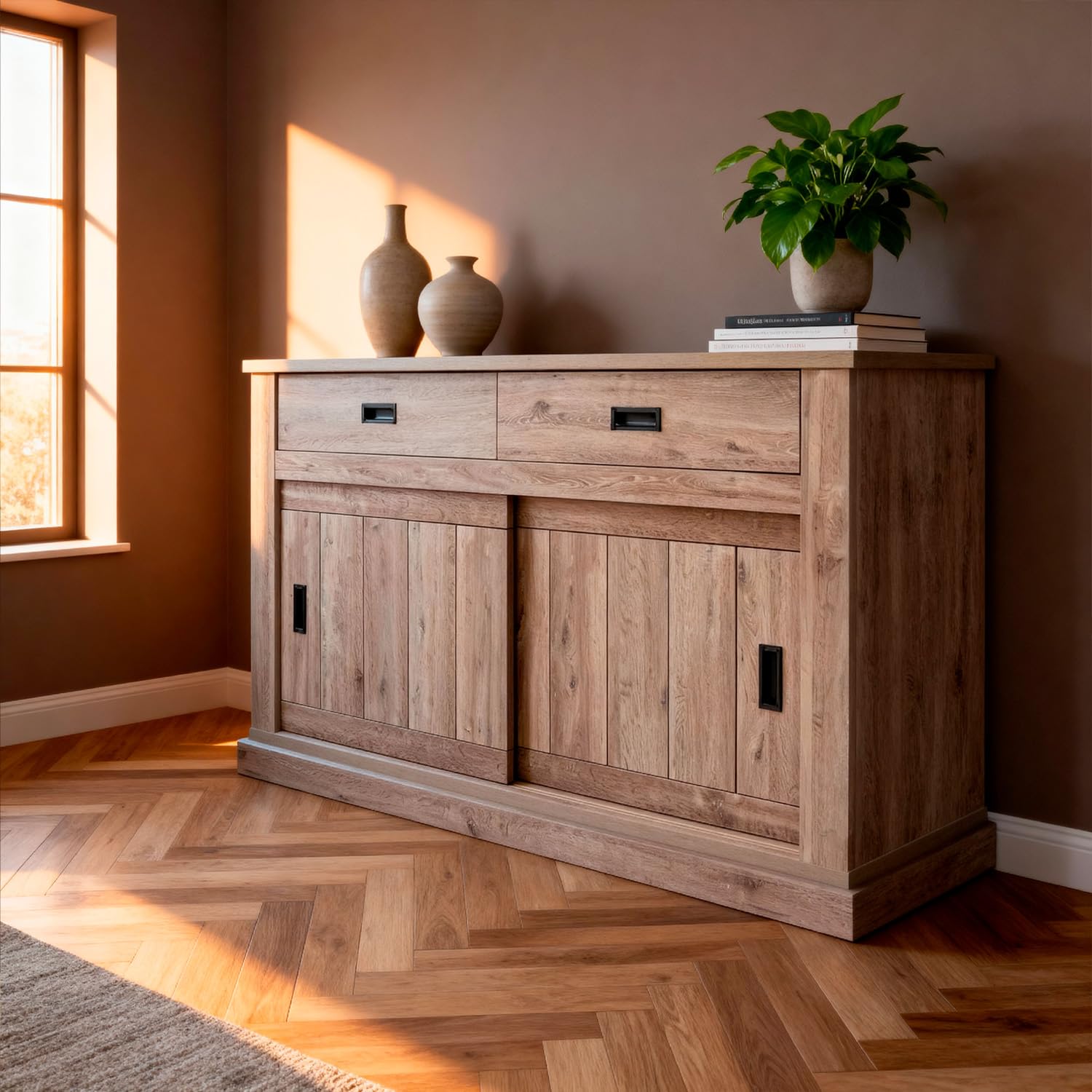 Arreditaly Madia Credenza Mobile Soggiorno Con 2 Cassetti E 2 Ante Scorrevoli 4 Ripiani Interni Design Minimal Shabby Chic Sala Da Pranzo Zona Living 150 x 50 x 95.5 Cm (Rovere Alaska)