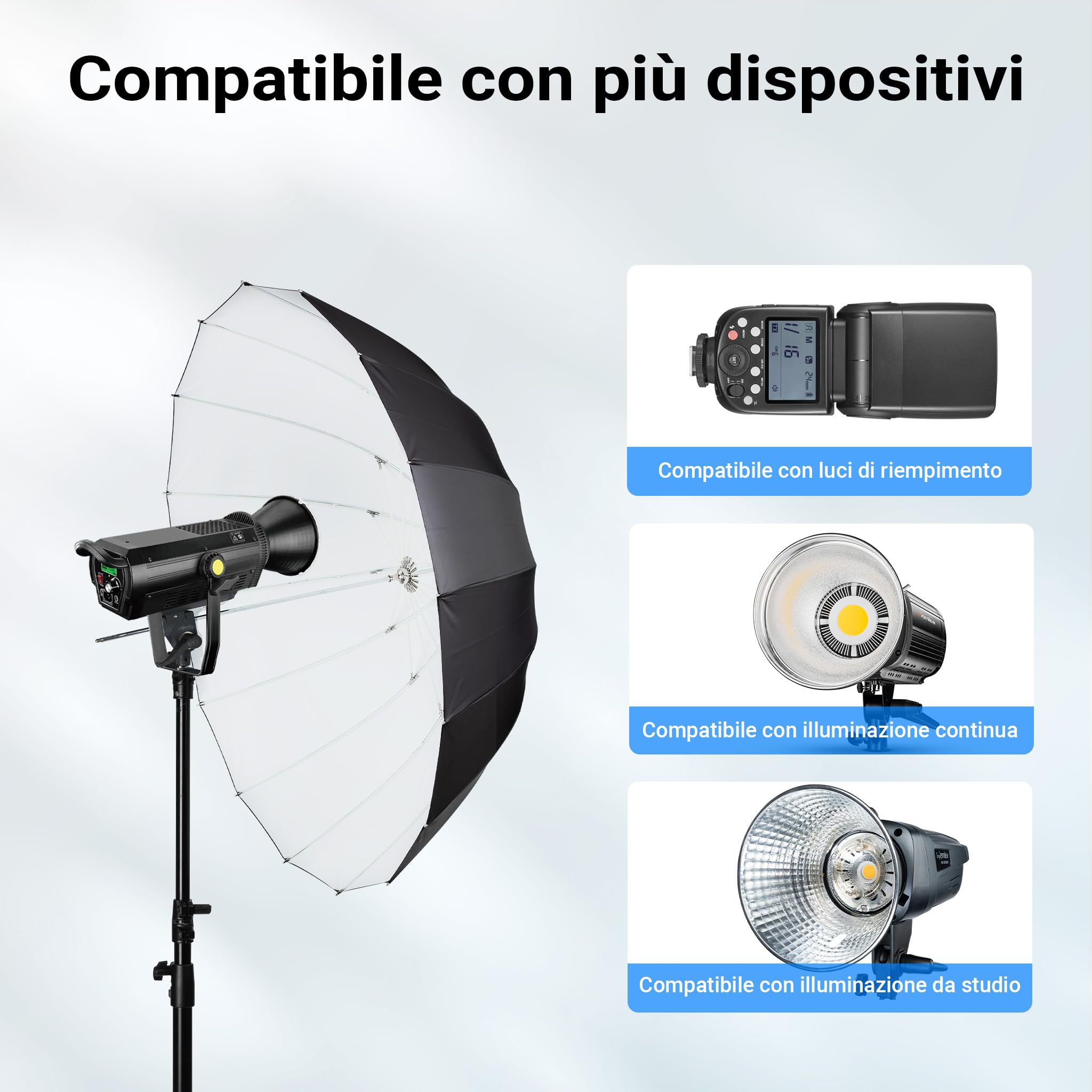Walimex pro Ombrello fotografico parabolico nero/bianco Ø 105 cm + diffusore – Set di modellatori di luce per fotografia e videografia