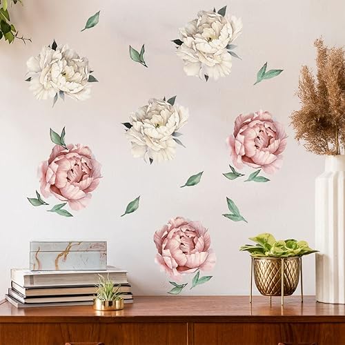 Calcomanía floral de pared con flores de peonía vinilo para despegar y pegar calcomanías de pared de peonía 2 hojas de decoración de pared floral