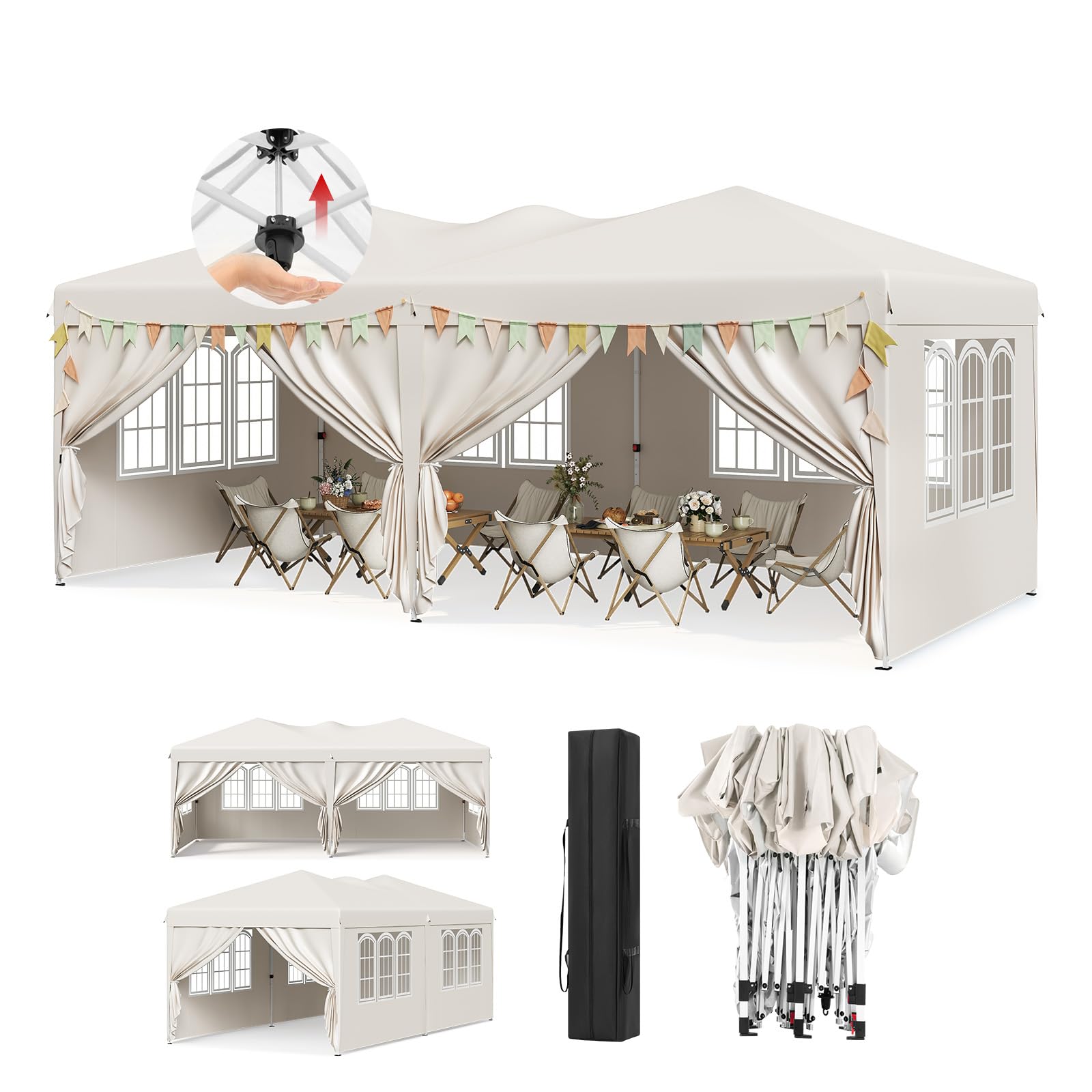 WOLTU Pavillon, mit 6 Seitenwänden, Faltpavillon 3x6 Pop Up, höhenverstellbarer wetterfest, mit Tragetasche UV-Schutz, für Outdoor Party Garten Camping, Beige