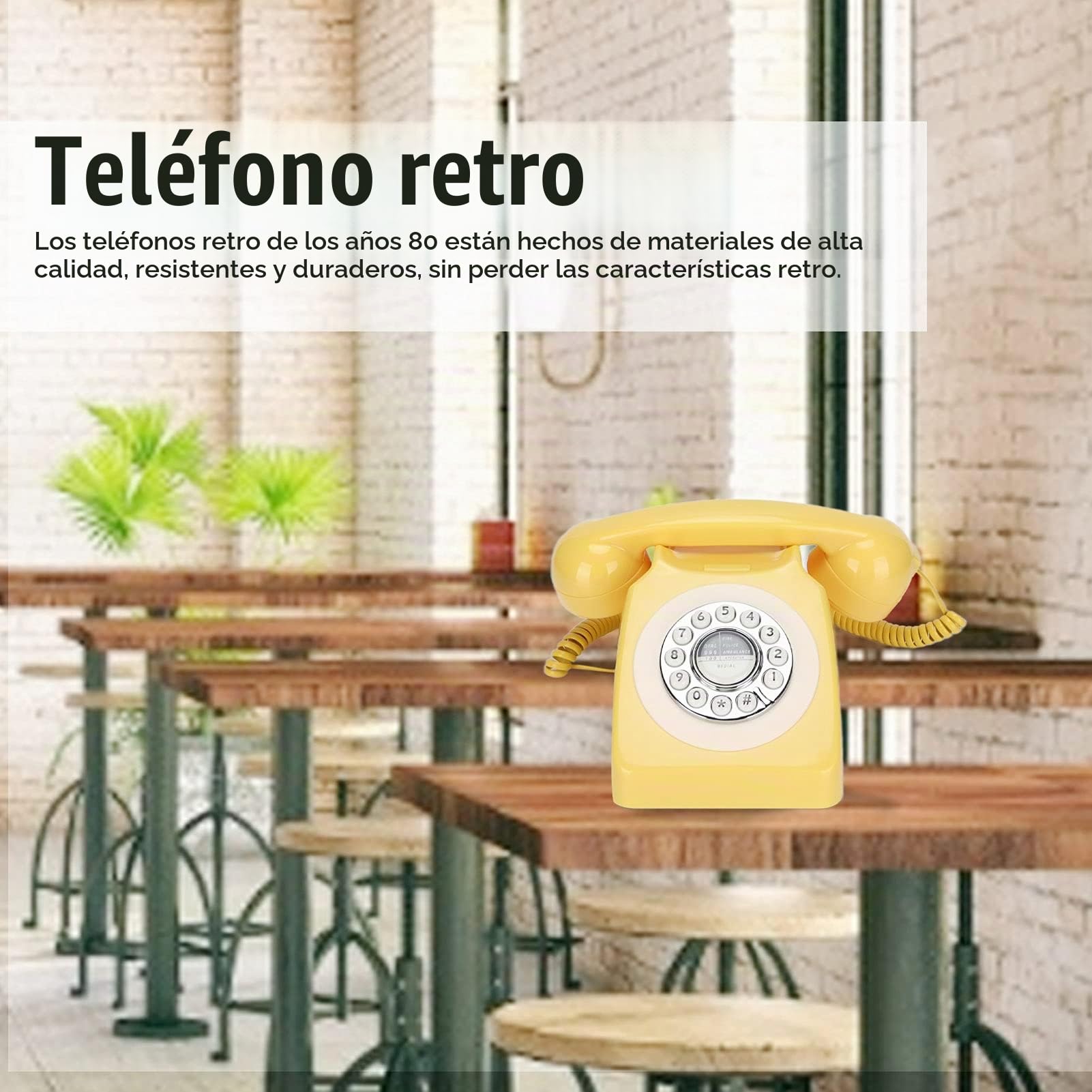 VBESTLIFE Teléfono Residencial con Cable Retro, Teléfono Fijo con Cable Antiguo Clásico, Diseño de Teclado Numérico Grande, para Decoración de Cafetería Y Bar de Oficina(Amarillo)