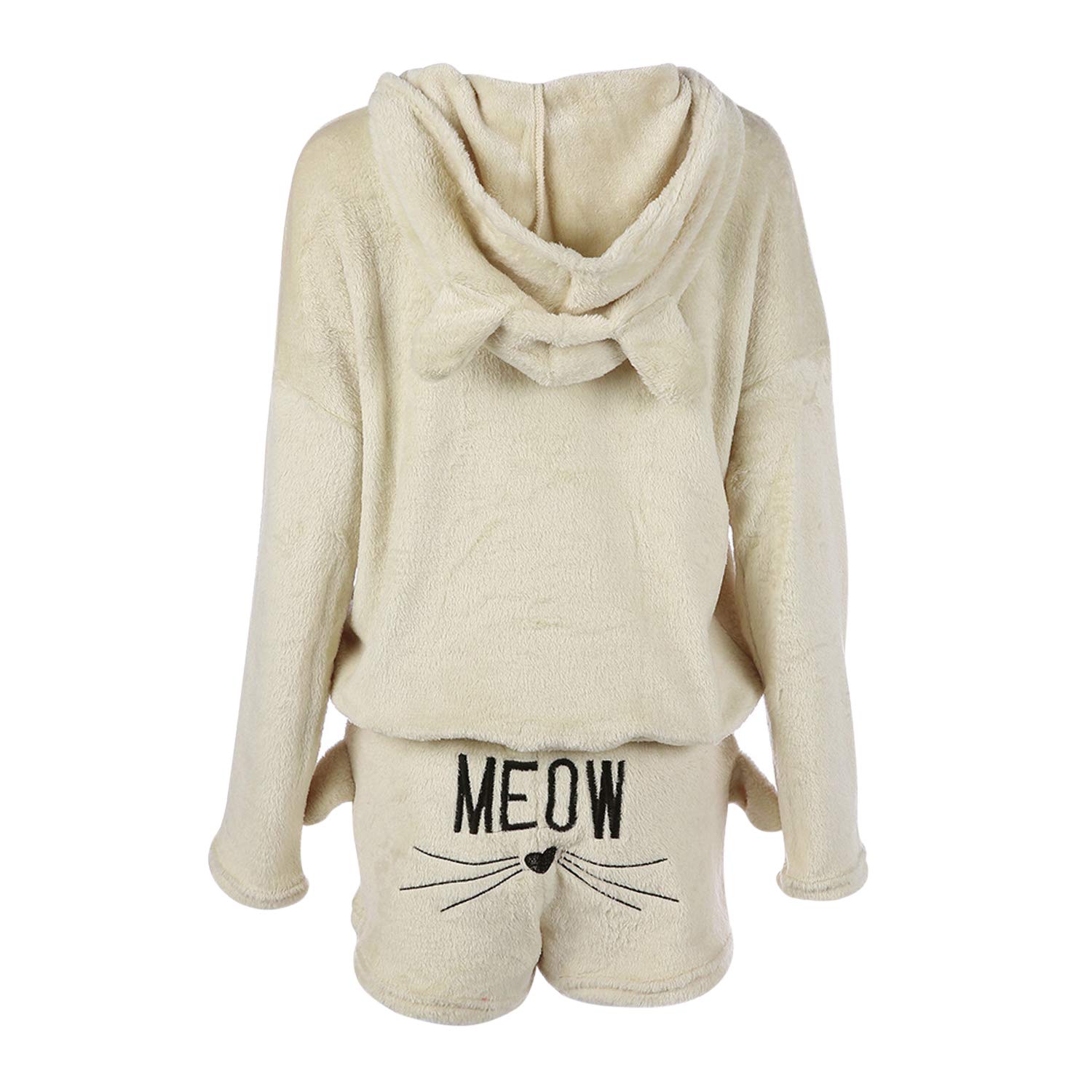 Damen Mädchen Schlafanzug Winter Zweiteilige Set Katze Meow Nachtwäsche Warme Bademantel Hosenanzug