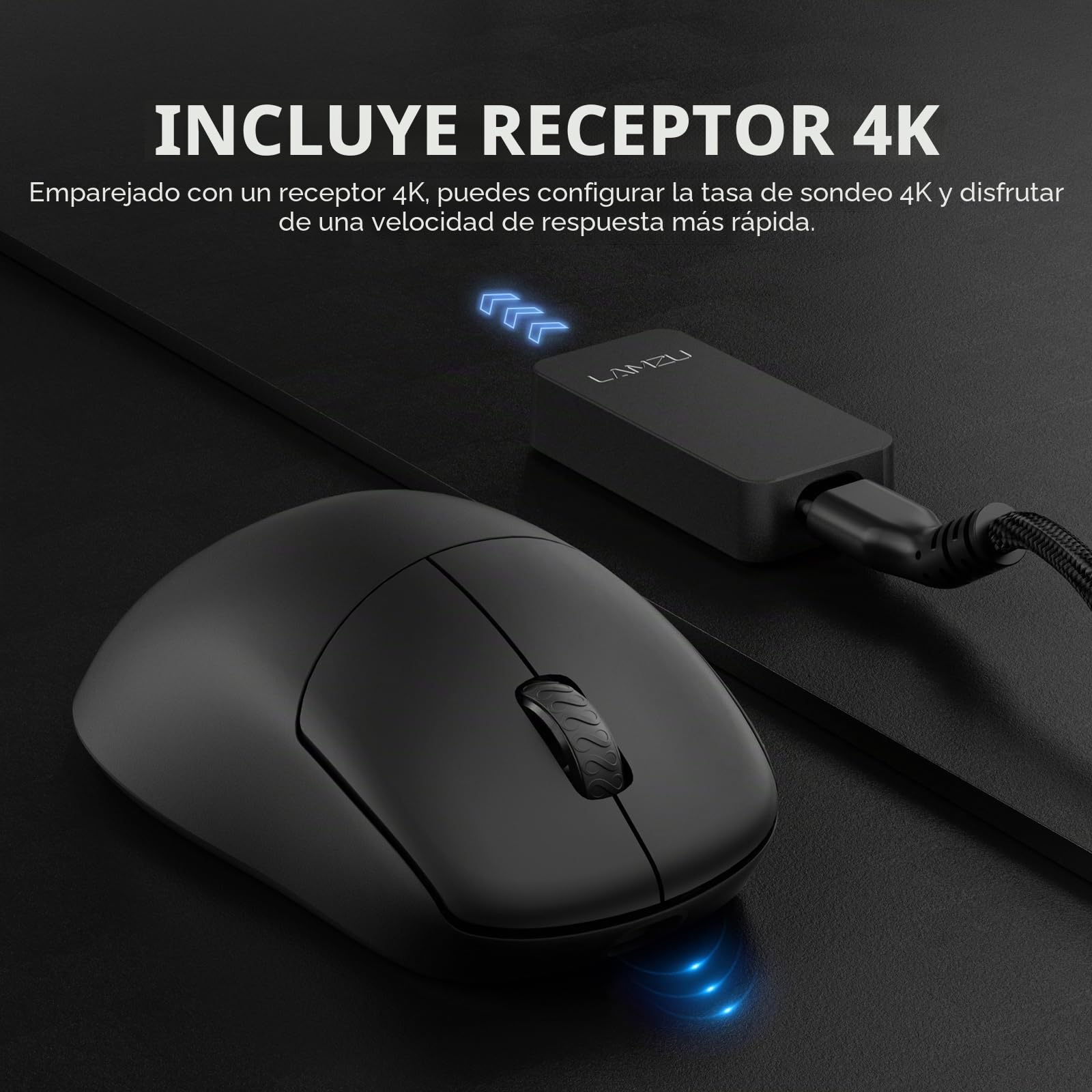 Lamzu Thorn - Ratón inalámbrico 4K para juegos, ultraligero de 52 g, 26000 DPI, ergonómico, interruptor óptico, codificador TTC plateado, sensor PAW3395, MCU Nordic 52840, negro, dongle 4K incluido