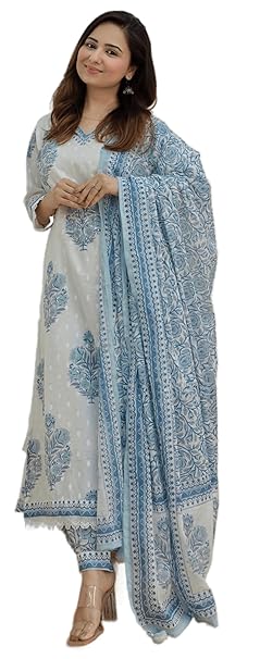 Arayna Women's Cotton Printed Floral Straight Kurta with Palazzo Pants and Dupatta