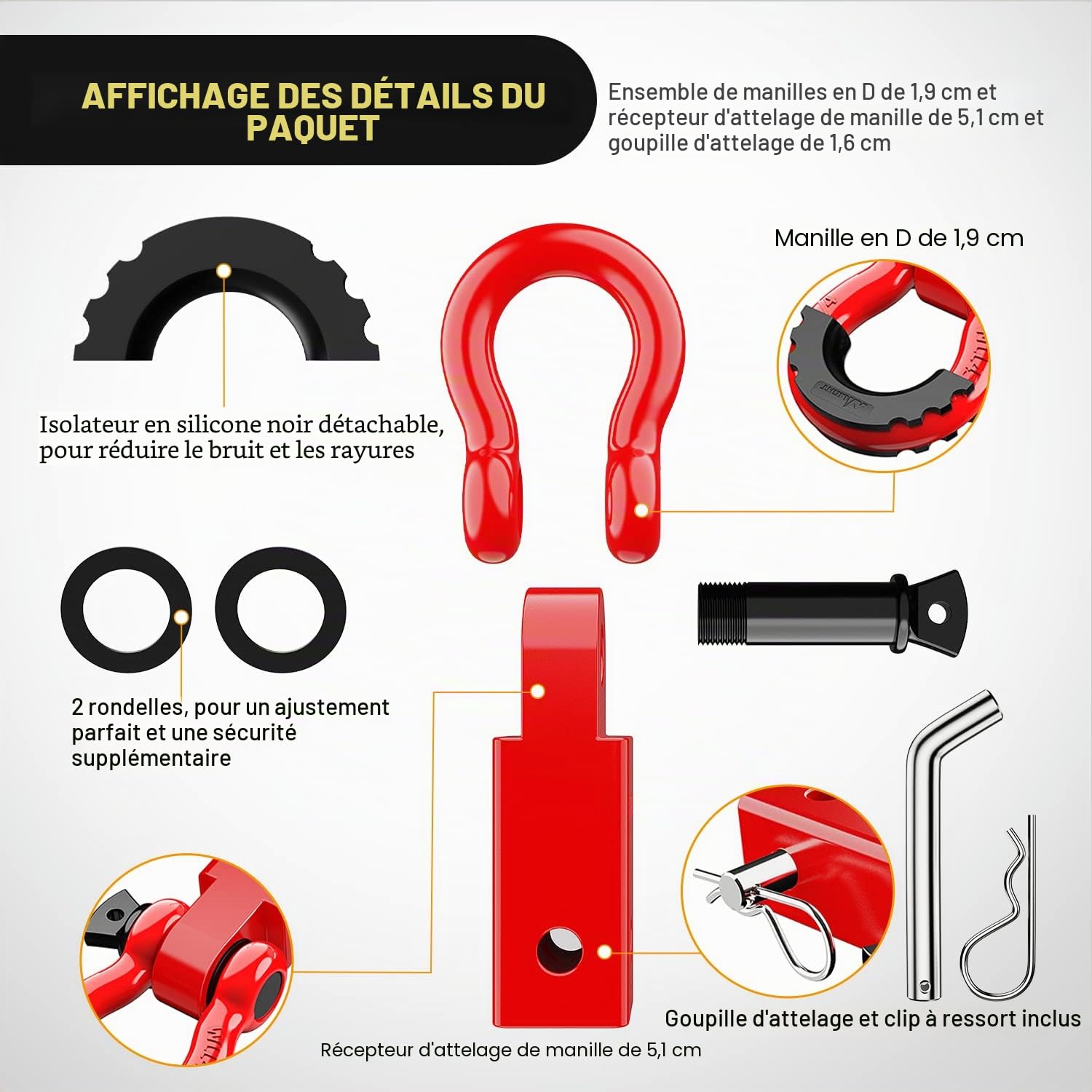 Nilight Récepteur d'attelage de Manille de 5,1 cm – Résistance à la Rupture – Résistance à la Rupture – Anneau en D de 1,9 cm avec goupille d'attelage de remorque – Kit de récupération Solide pour