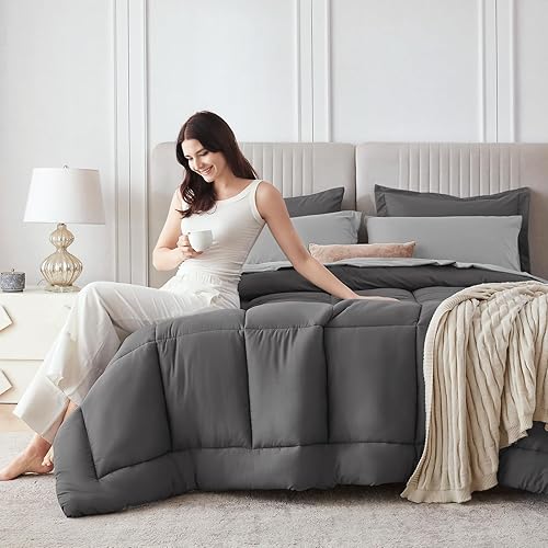 Miniatura 9 de Sasttie Juego de edredón tamaño Queen, 7 piezas de cama en una bolsa, tamaño Queen, juego completo de ropa de cama que incluye edredón, sábana