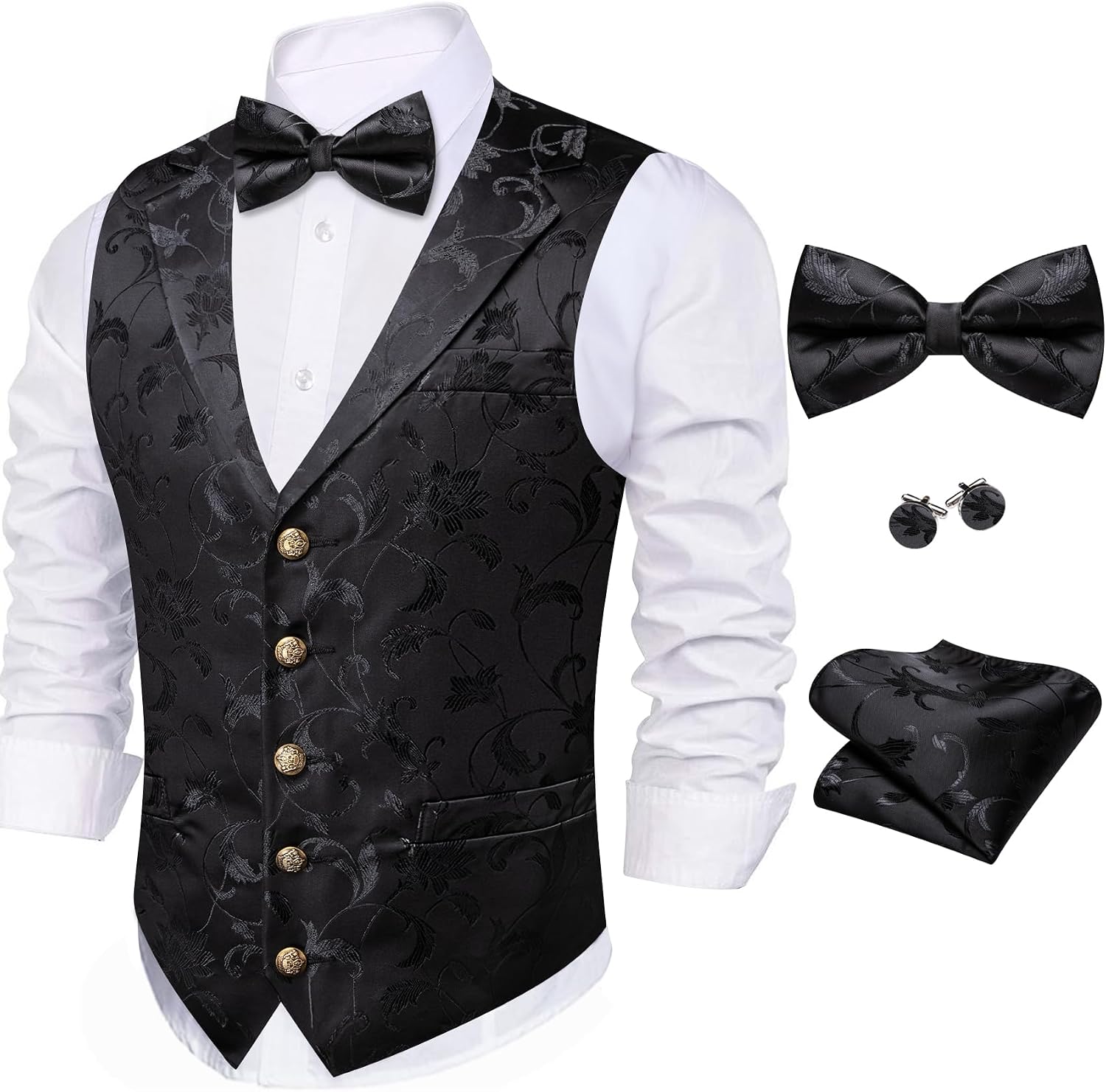 Barry.Wang Mens Silk Vest Bowtie Sleeve Holder Set Lapel Collar Formal Bow Tie Vests Handkerchief Wedding Party Waistcoat