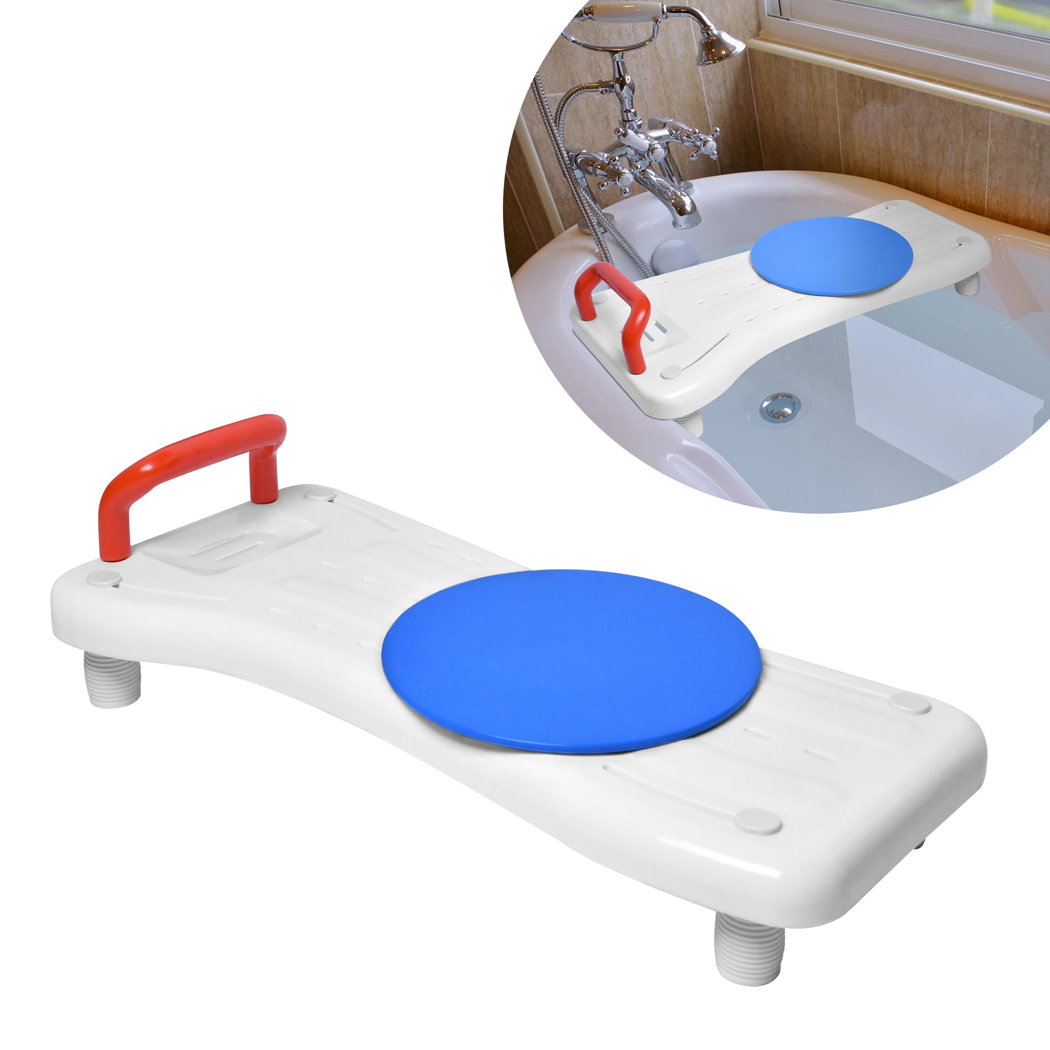 75,5x34cm Badewannenbrett mit Drehscheibe Badewannensitz für Senioren Einstellbar 41-63cm Wannensitz Sitzbrett Wannenbrett für Badewanne Duschbrett Stuhl für Badezimmer -Rot Griff