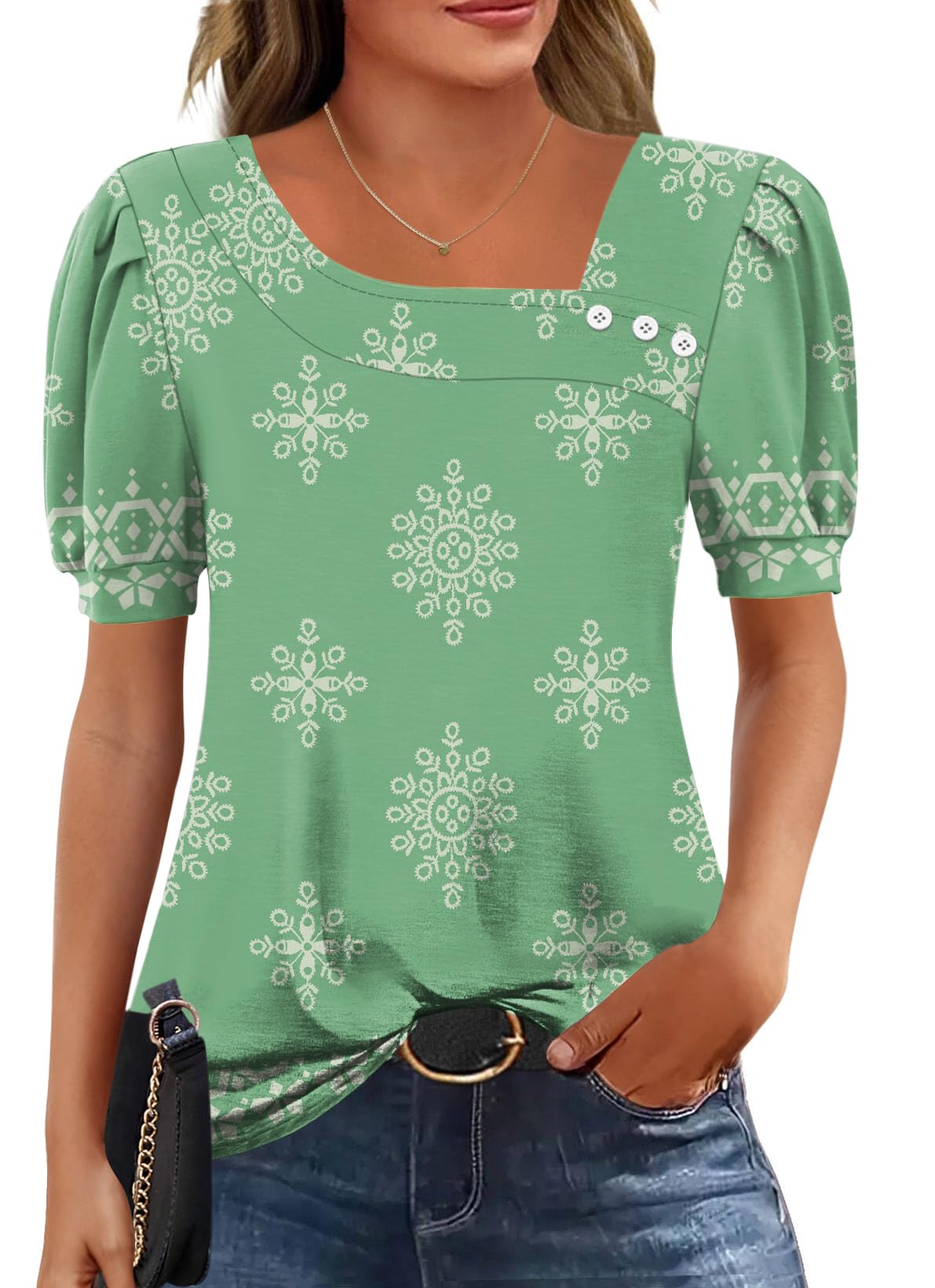 Rapbin Bluse Damen Kurzarm Oberteile Elegant Asymmetrischem Ausschnitt T-Shirt Sommer Button Blusenshirt Casual Top from S to XXL