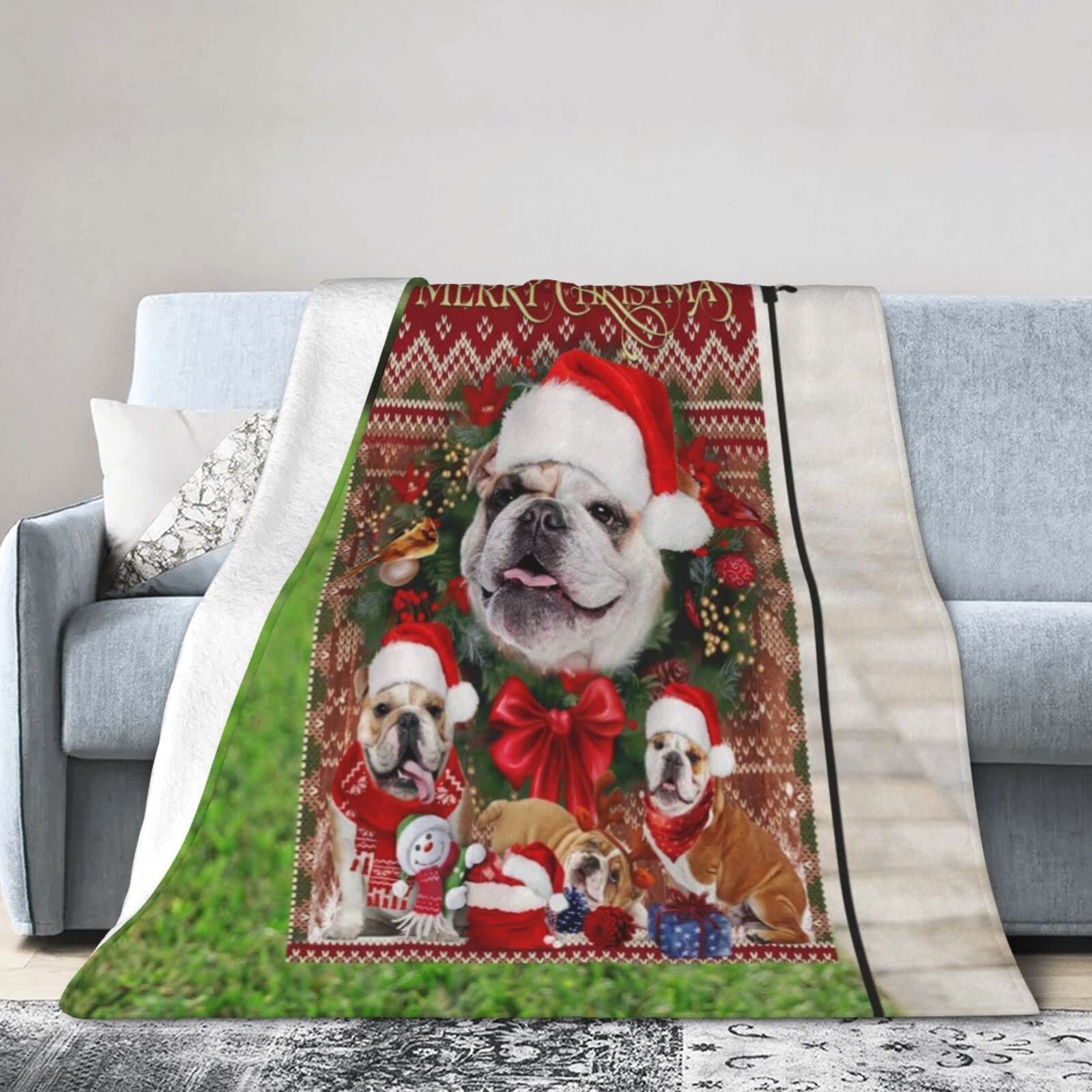 Lsjuee Christmas Flannel Fleece Blanket 40"X30" Merry Christmas Bulldog Decorative Sofa Throw Blanket Quality Ultra-Soft Travel Winter Blankets for Couple Keep Warm