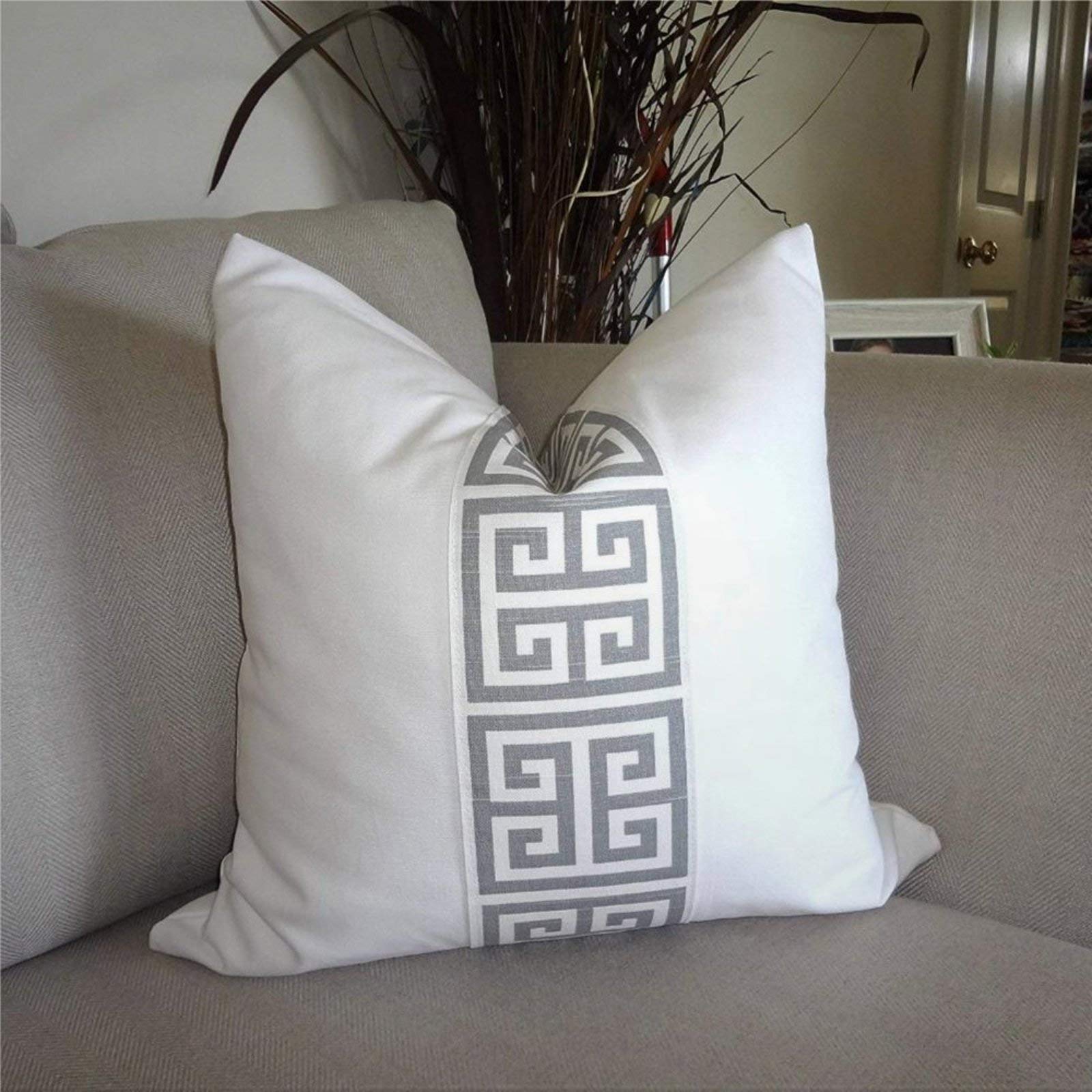 BYRON HOYLE White Grey Greek Key Grey Greek Key Decorative Throw Pillow Cover Linen Square Pillow case Cushion Cover Pillowcase with Zipper Home Decor 18x18 inch