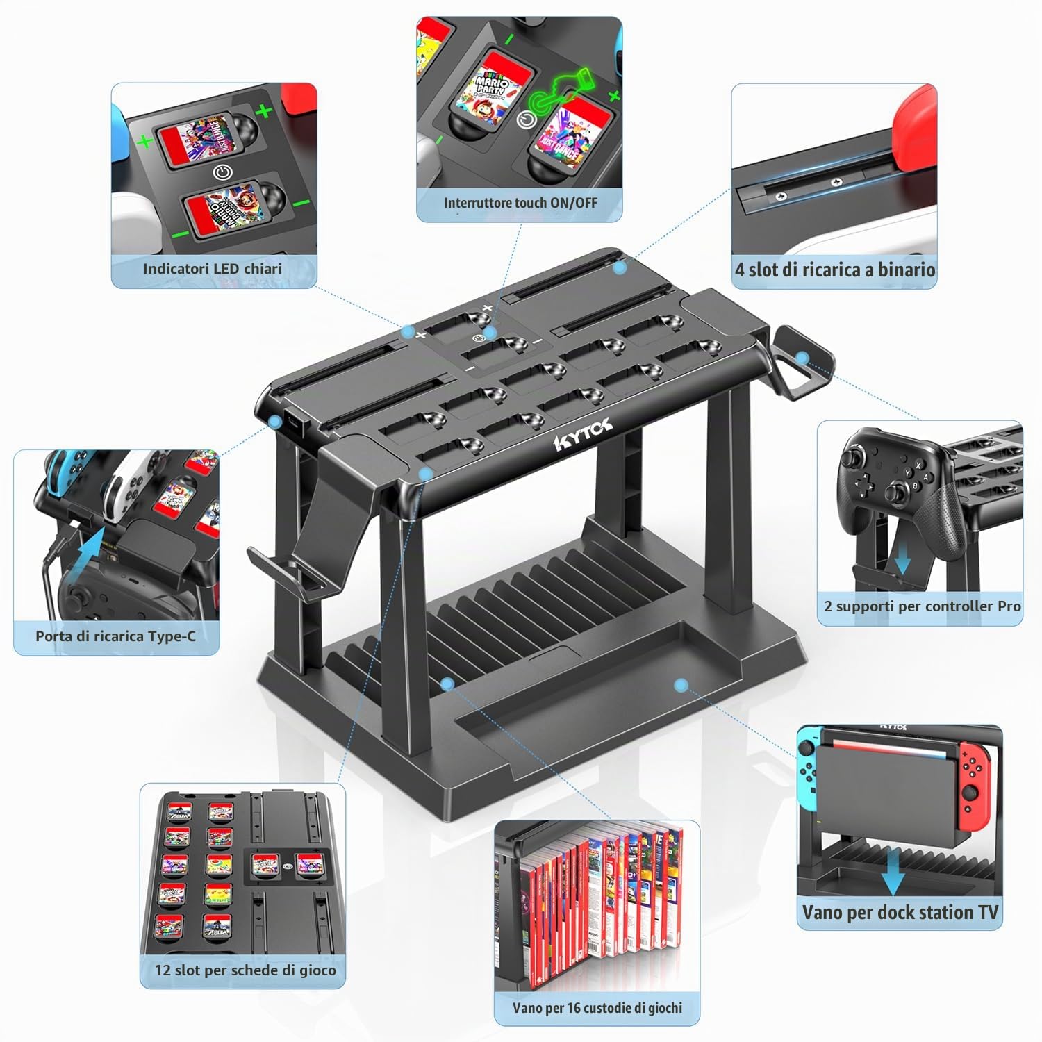 Kytok Supporto al Gioco Torre per Nintendo Switch/OLED, Caricatore per Joycon Switch & Supporto Accessori da Gioco Switch, Multifunzionale Switch Organizer per Gioco, Controller Pro e TV Dock