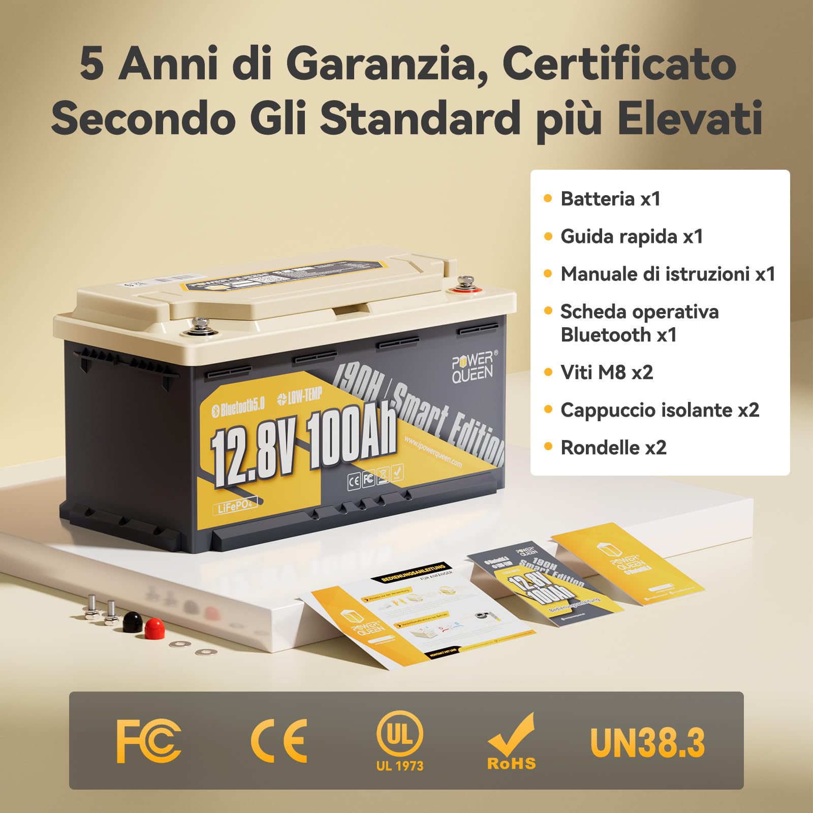 Power Queen Batteria al litio Bluetooth 12V 100Ah H190, 100A BMS con Bassa Temp Protezione, 4000+ Cicli Profondi, per Campeggio, Roulotte Viaggi, Vita a Barca, Sistema Solare - 1 Pezzo